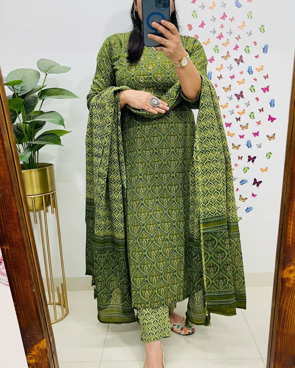 Green Printed Cotton Suit Set