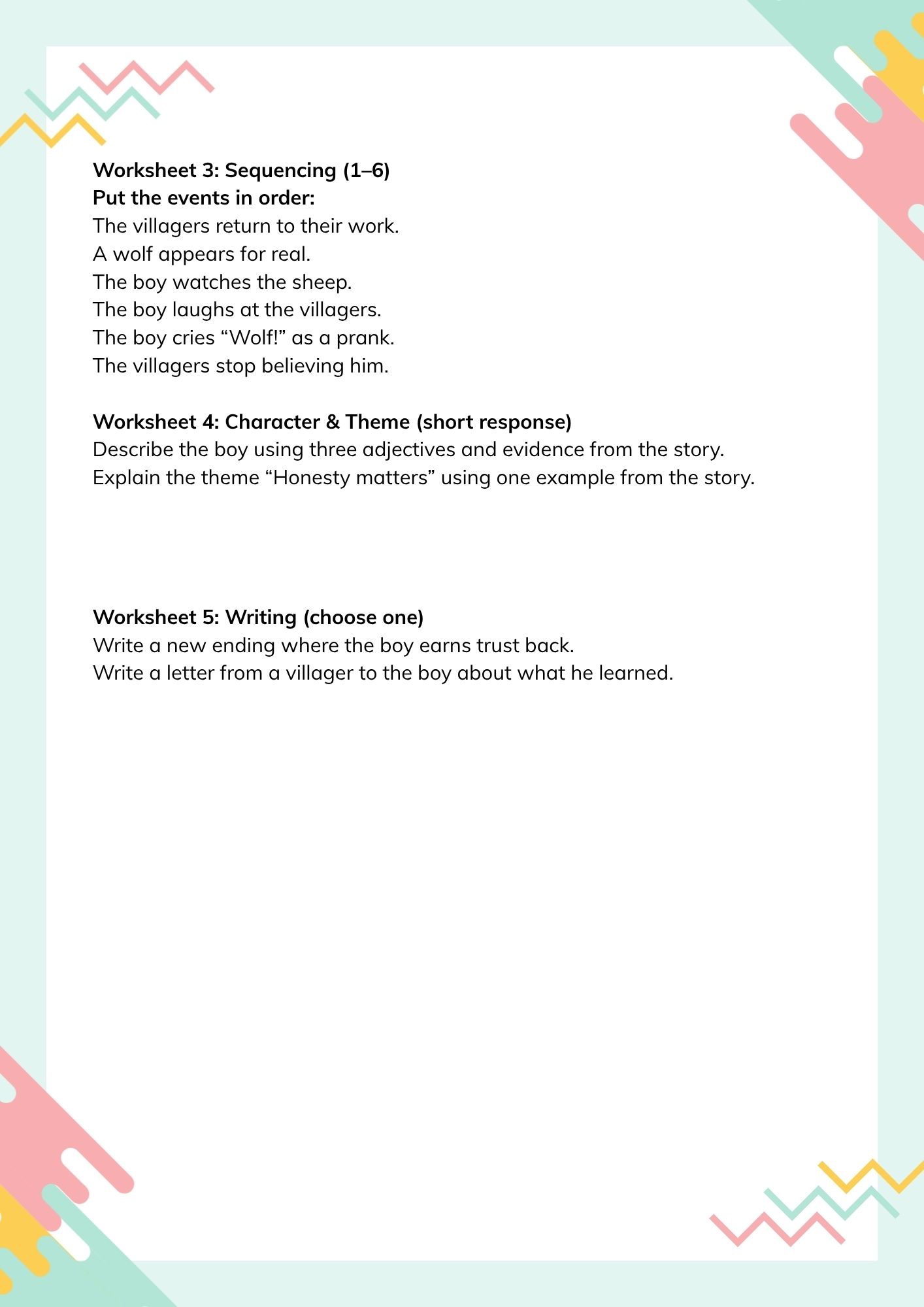 Worksheets + Answer Keys for Grade 4 - The worksheets' material is based on our fairy tale: The Boy Who Cried Wolf