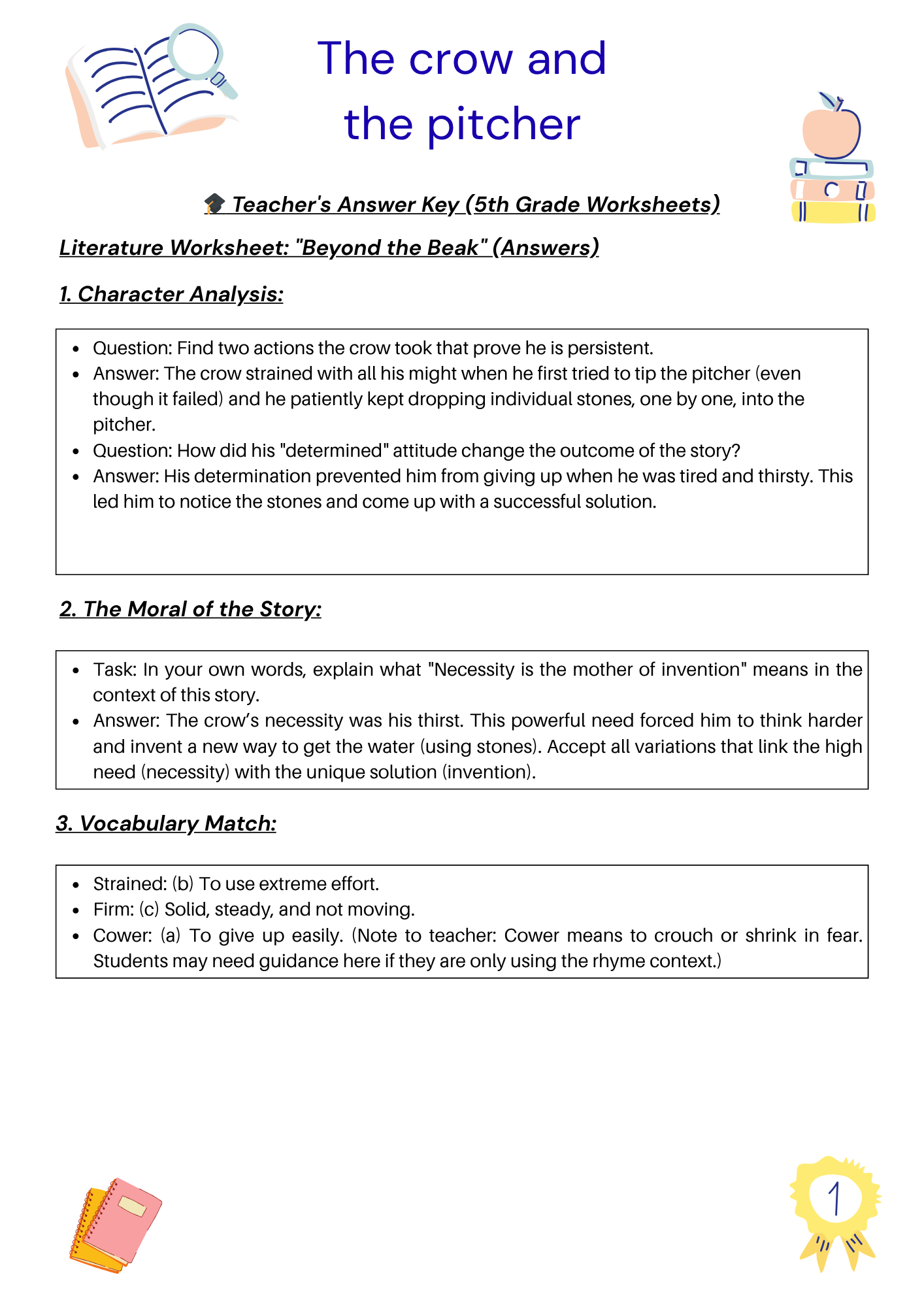 The Crow and the Pitcher Worksheet + Answer keys for the teacher
