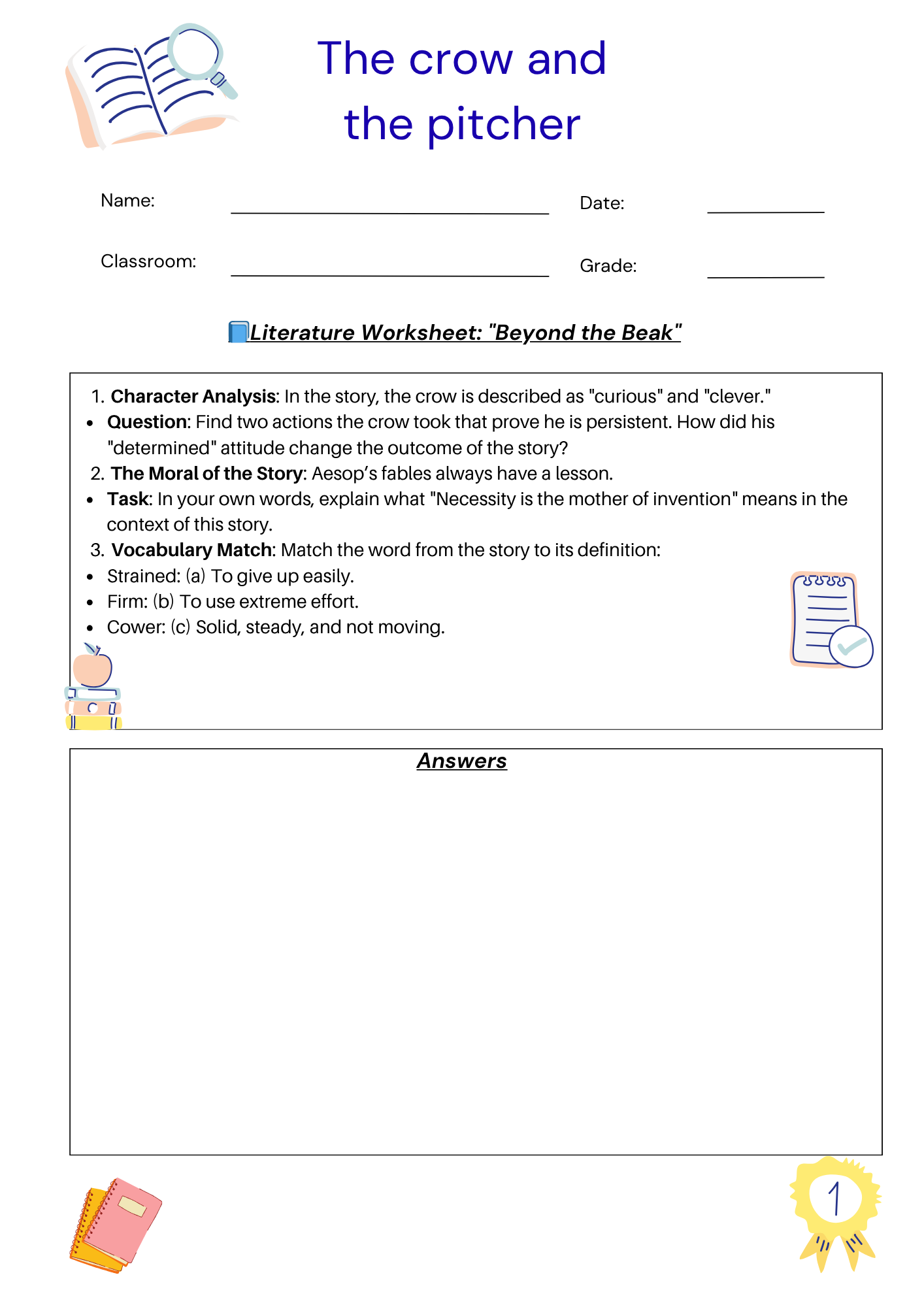 The Crow and the Pitcher Worksheet + Answer keys for the teacher