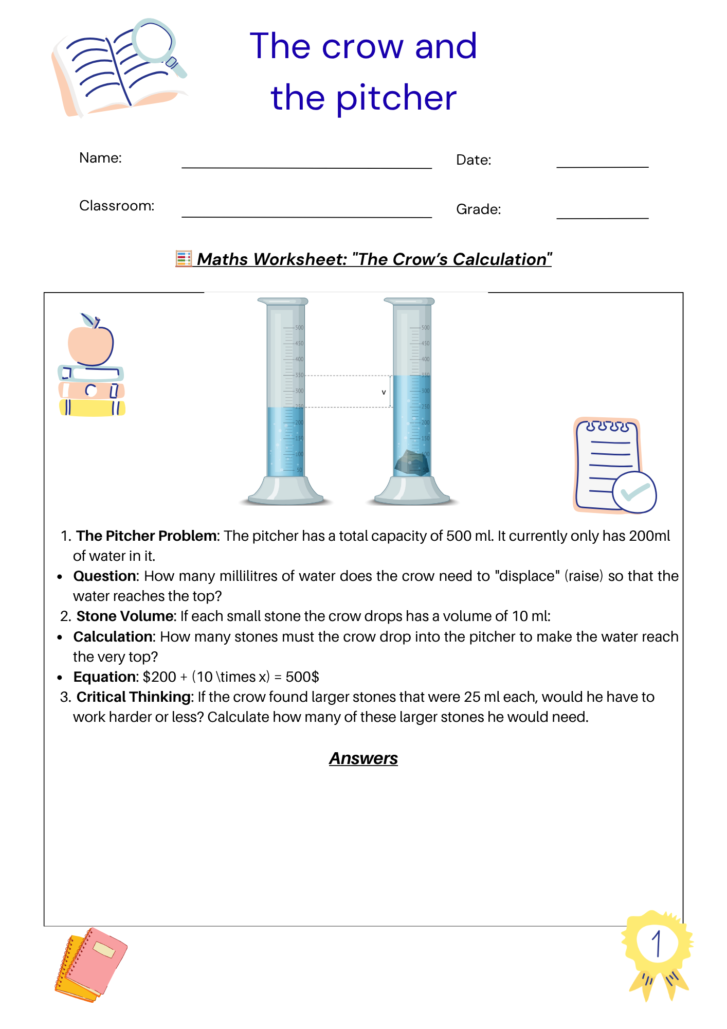 The Crow and the Pitcher Worksheet + Answer keys for the teacher