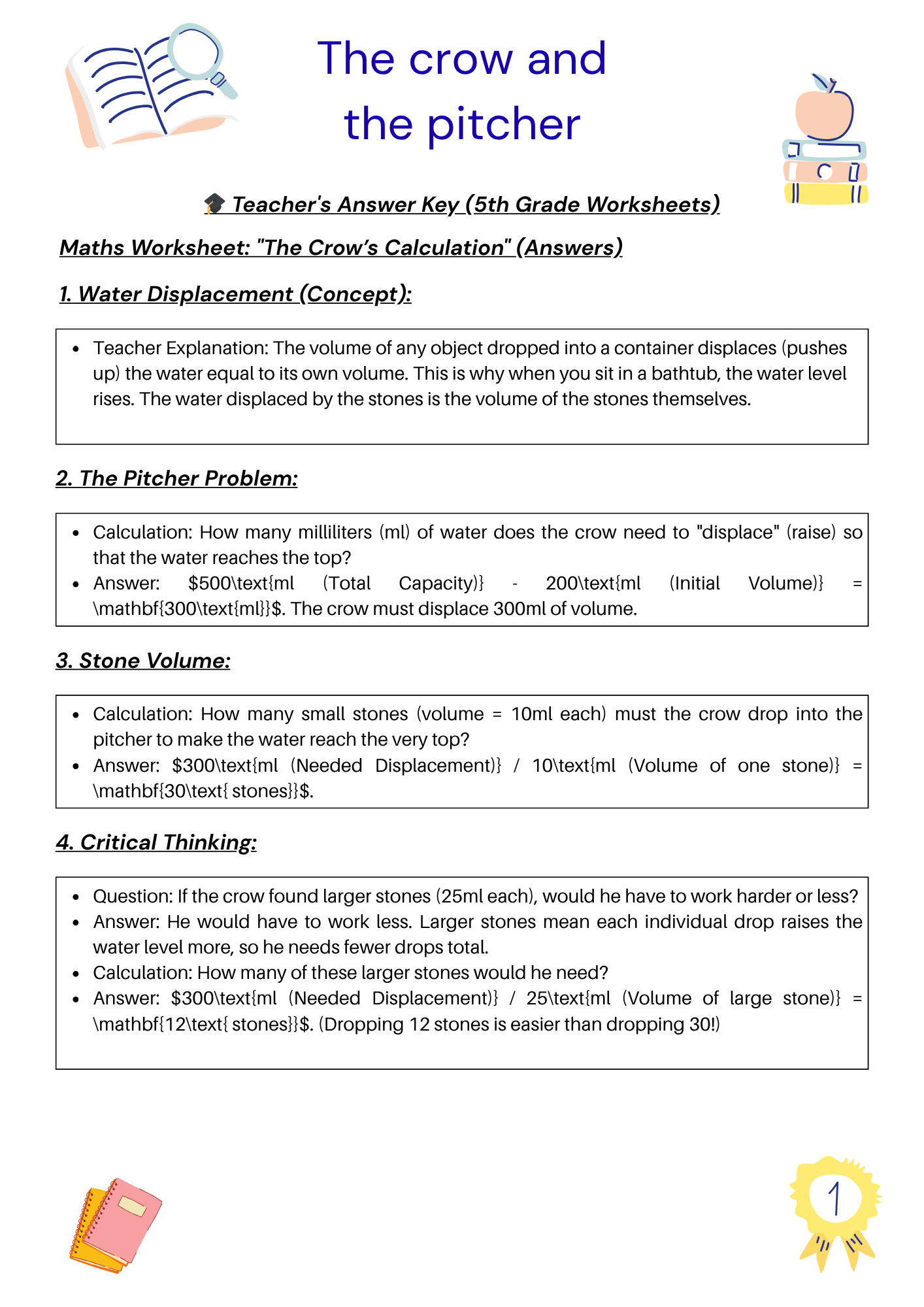 The Crow and the Pitcher Worksheet + Answer keys for the teacher