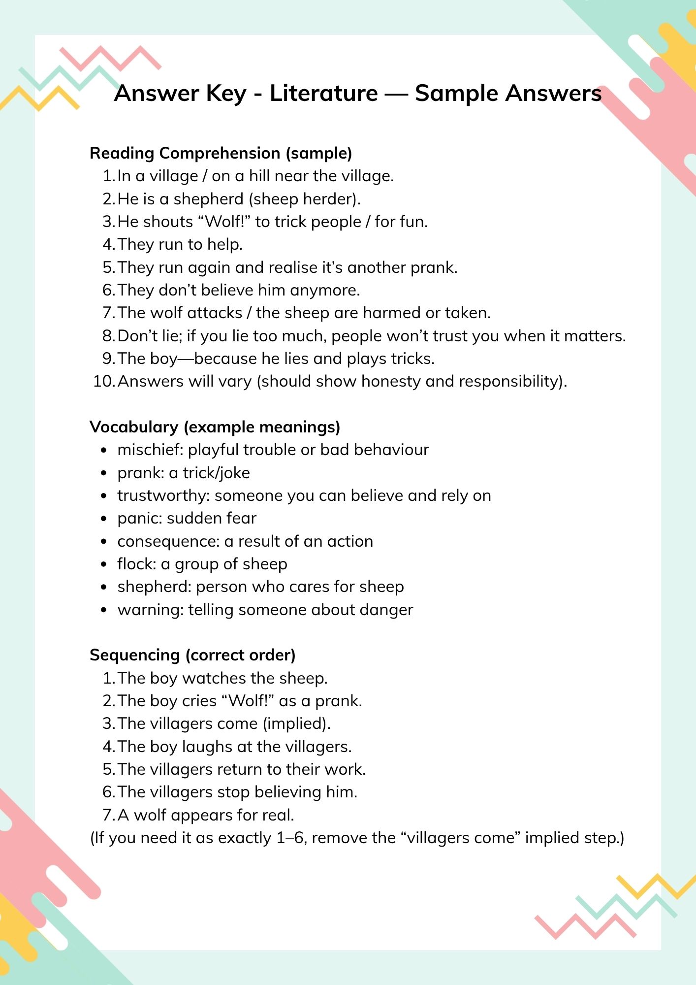 Worksheets + Answer Keys for Grade 4 - The worksheets' material is based on our fairy tale: The Boy Who Cried Wolf