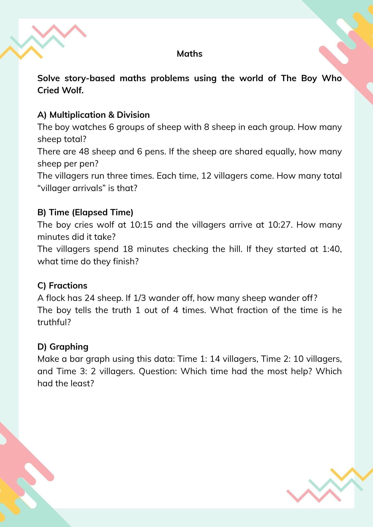 Worksheets + Answer Keys for Grade 4 - The worksheets' material is based on our fairy tale: The Boy Who Cried Wolf
