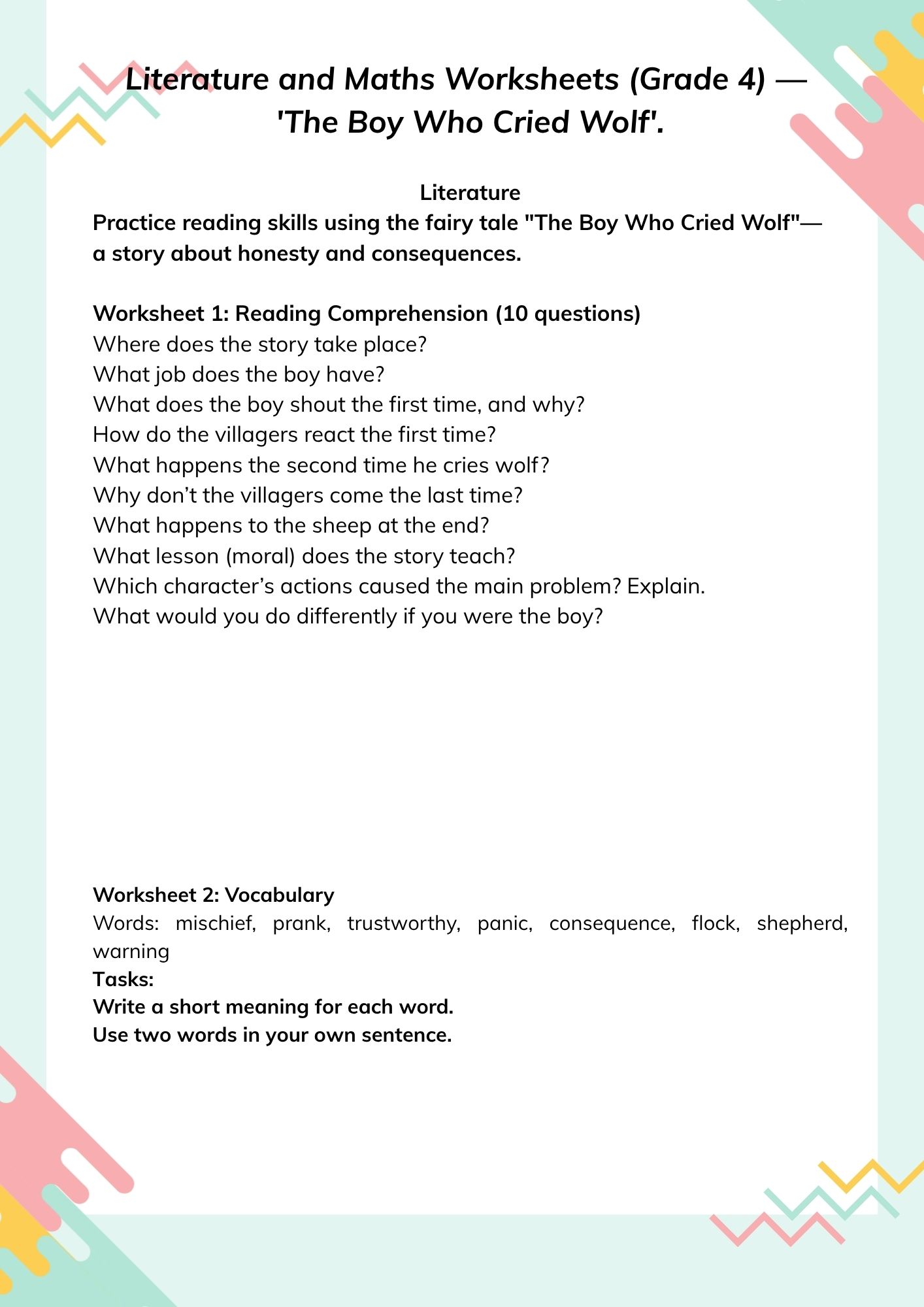 Worksheets + Answer Keys for Grade 4 - The worksheets' material is based on our fairy tale: The Boy Who Cried Wolf