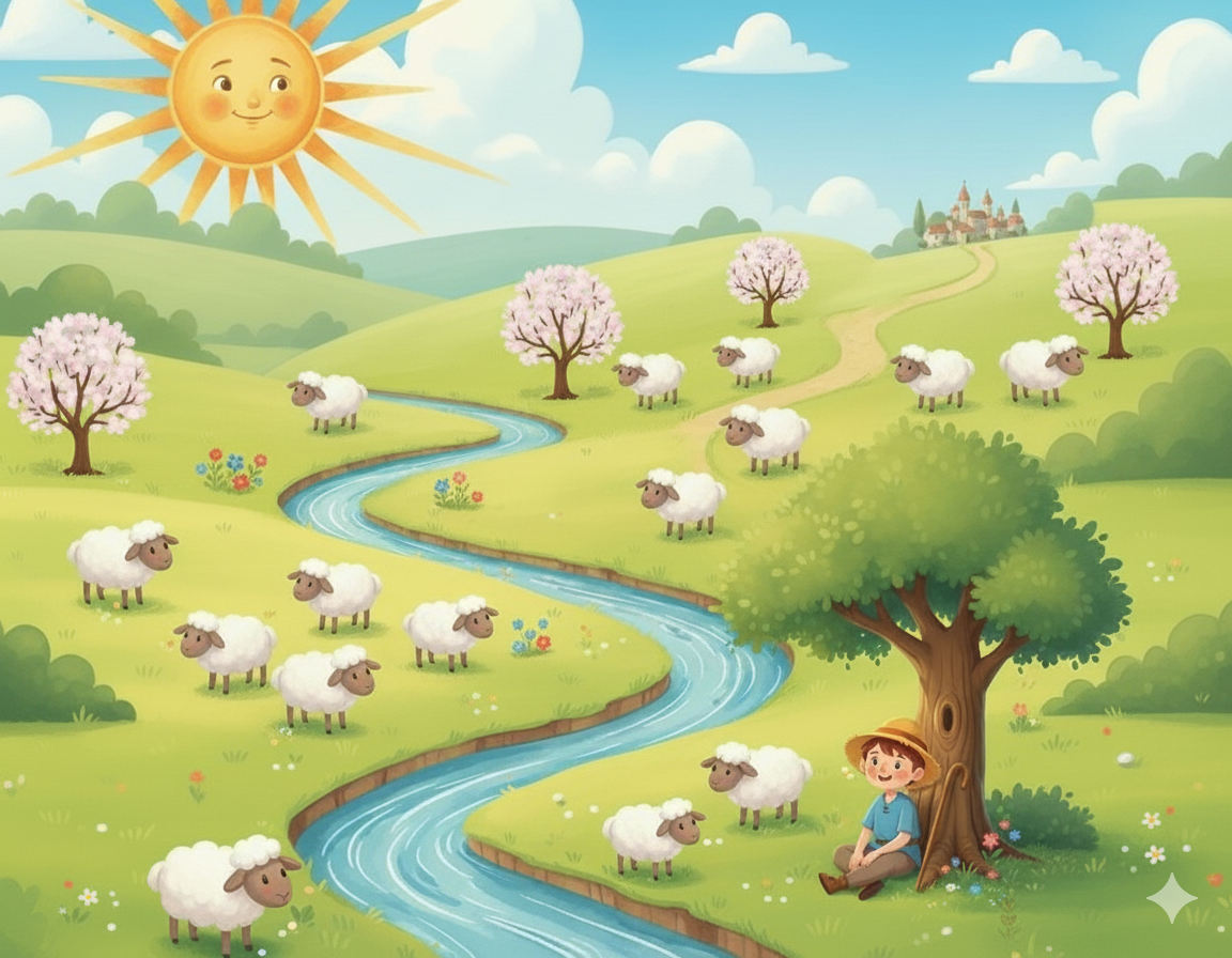 Wallpaper for kids - Storybook Countryside Shepherd (from Aesop's fairy tale: The boy who cried wolf)