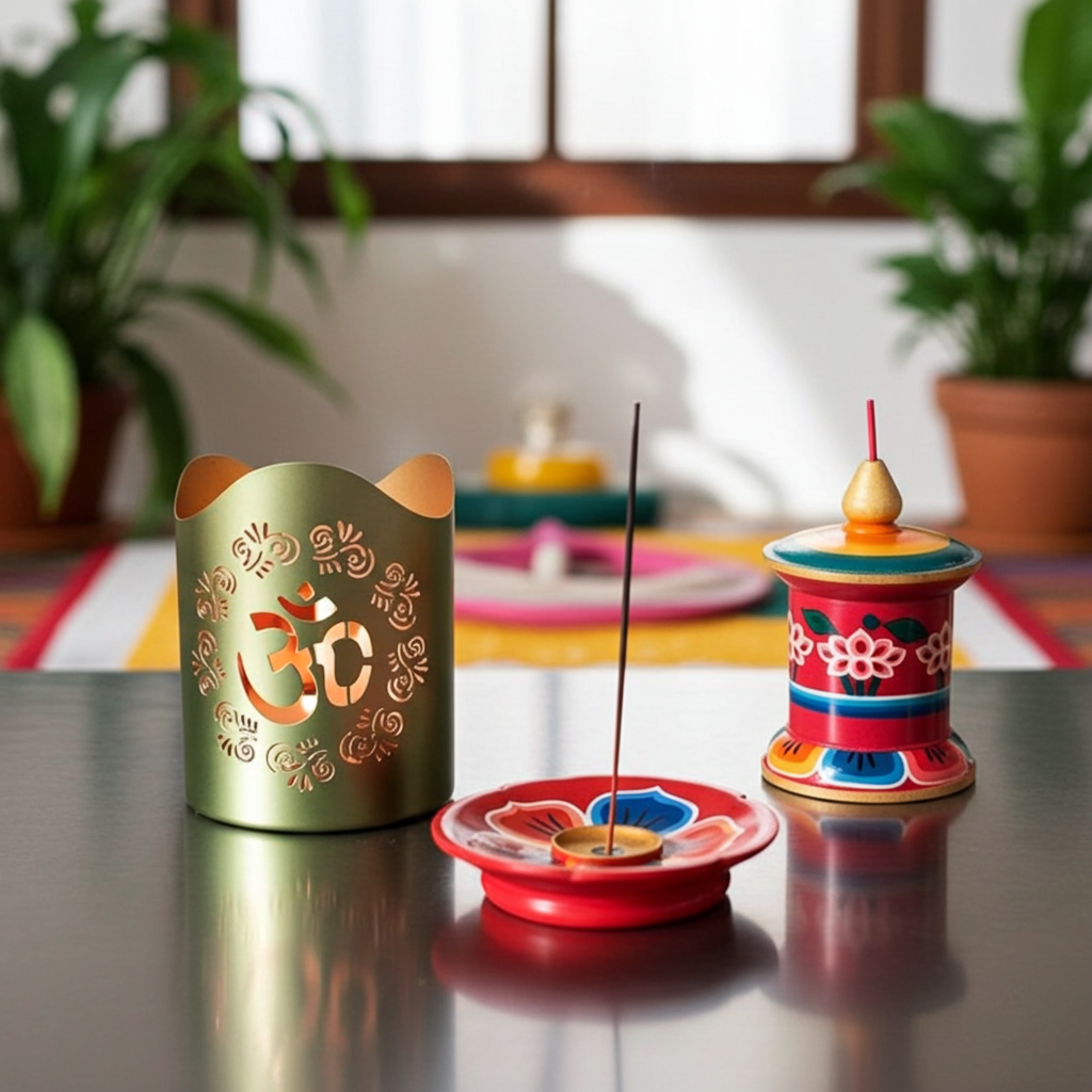 Buddhist Gift Set: Incense Burner, Incense, Prayer Wheel, OM Candle Holder