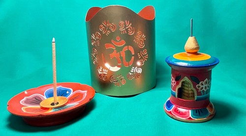 Buddhist Gift Set: Incense Burner, Incense, Prayer Wheel, OM Candle Holder