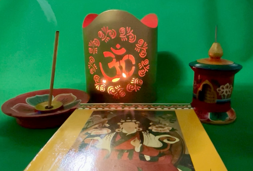 Buddhist Gift Set: Incense Burner, Incense, Prayer Wheel, OM Candle Holder