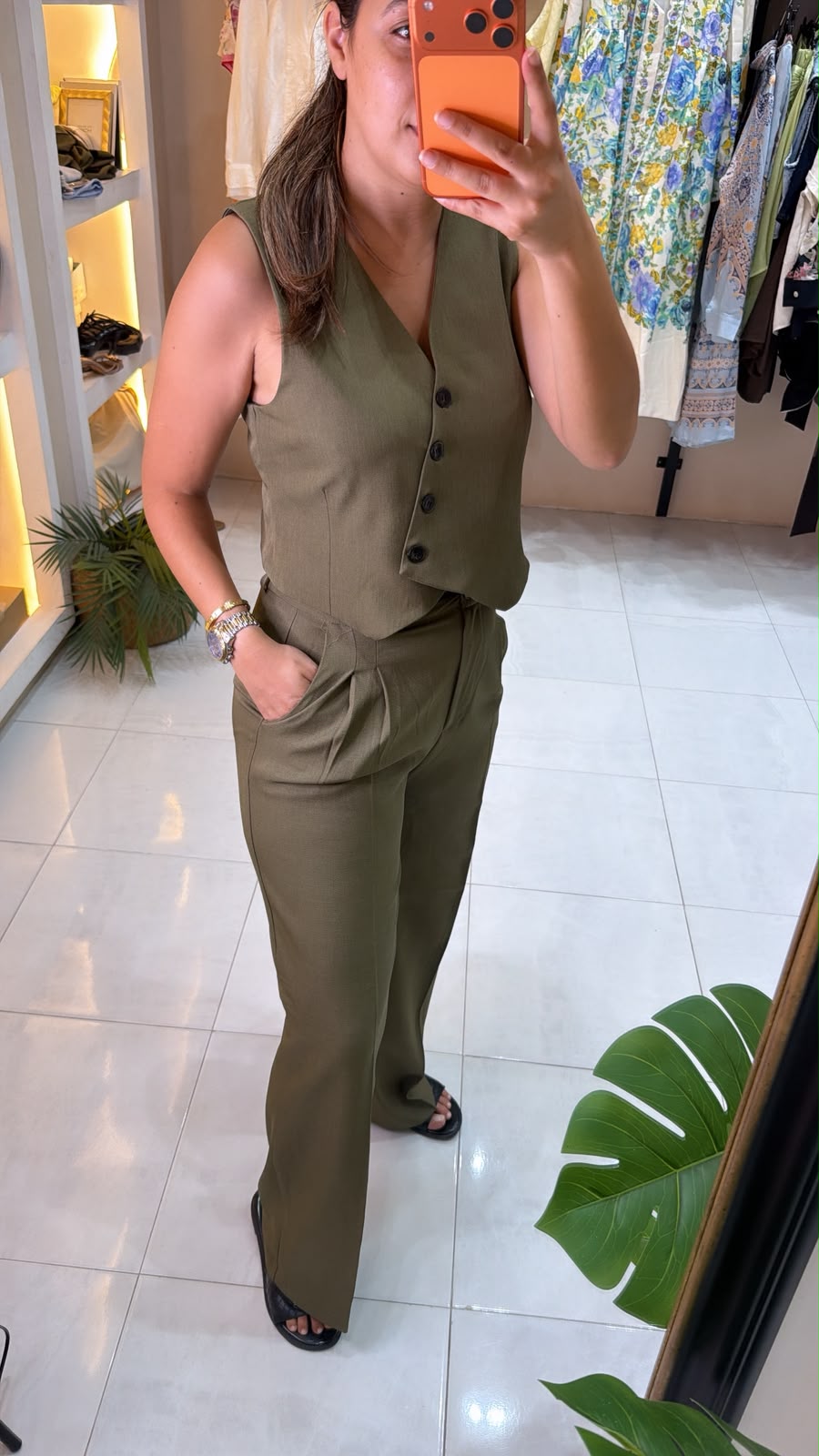 Olive Green Buttoned Vest Set