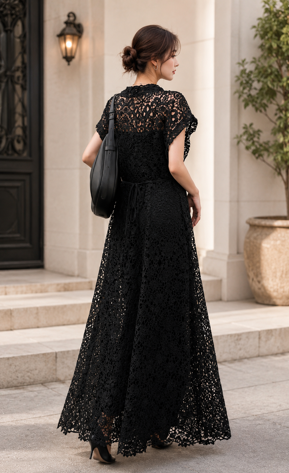 Women's Black Sheer Lace Maxi Dress – Elegant V-Neck Waisted Long Dress for Vacation, Beach, Party & Evening Wear