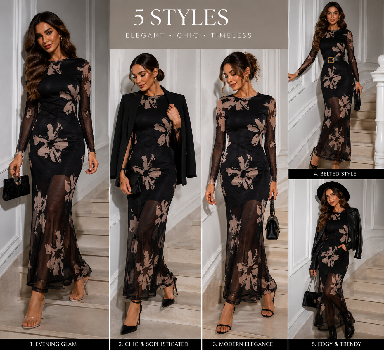 Women's Elegant Black Floral Mesh Maxi Dress | Long Sleeve Bodycon Party Dress | Stylish Evening & Formal Wear for Women