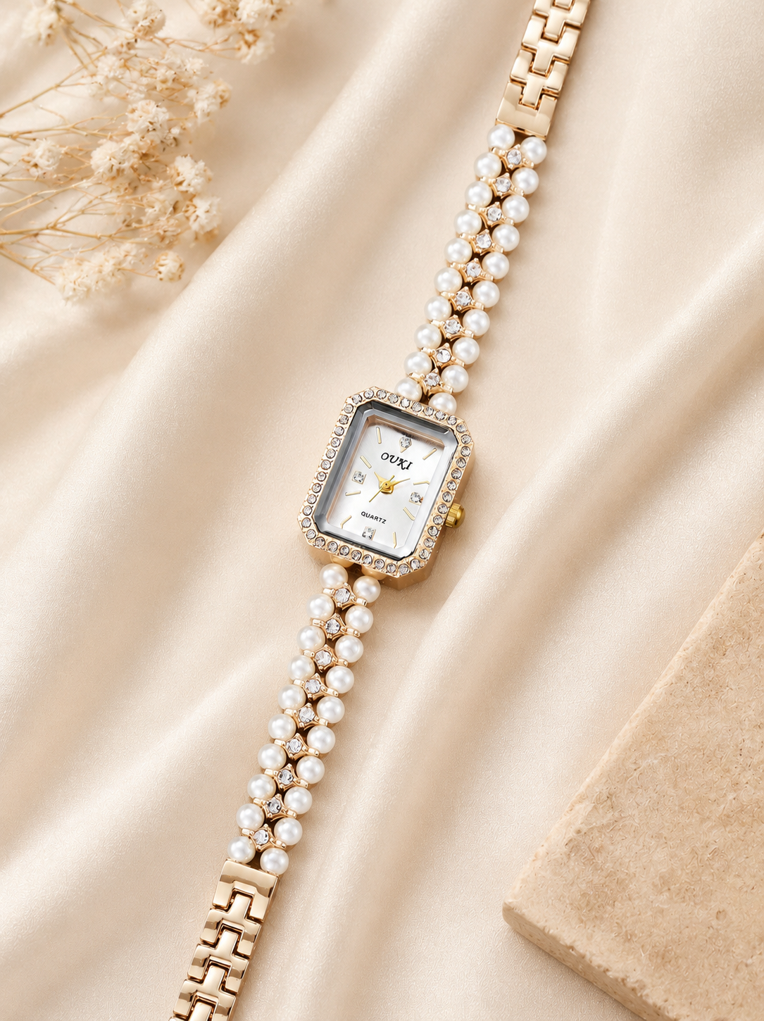 Women's Pearl & Rhinestone Bracelet Watch | Elegant Quartz Dress Watch for Women
