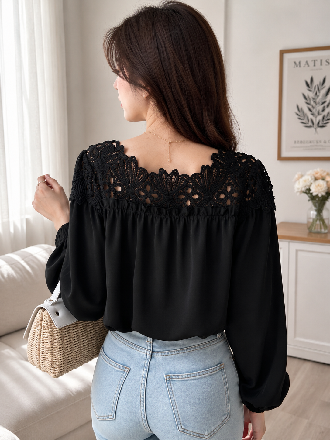 Women's Black Contrast Lace Loose Fit Blouse | Elegant Long Sleeve Casual Shirt with Ruched Cuffs