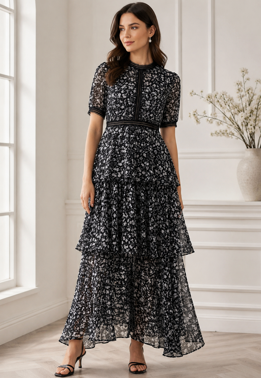 Women's Elegant Black Floral Tiered Maxi Dress | Sheer Short Sleeve Party & Evening Dress