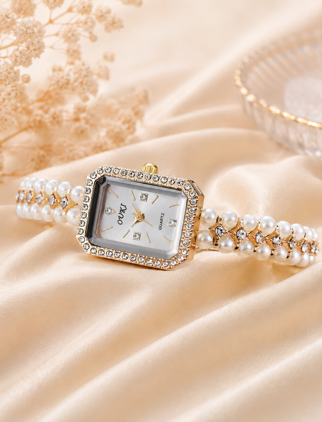 Women's Pearl & Rhinestone Bracelet Watch | Elegant Quartz Dress Watch for Women