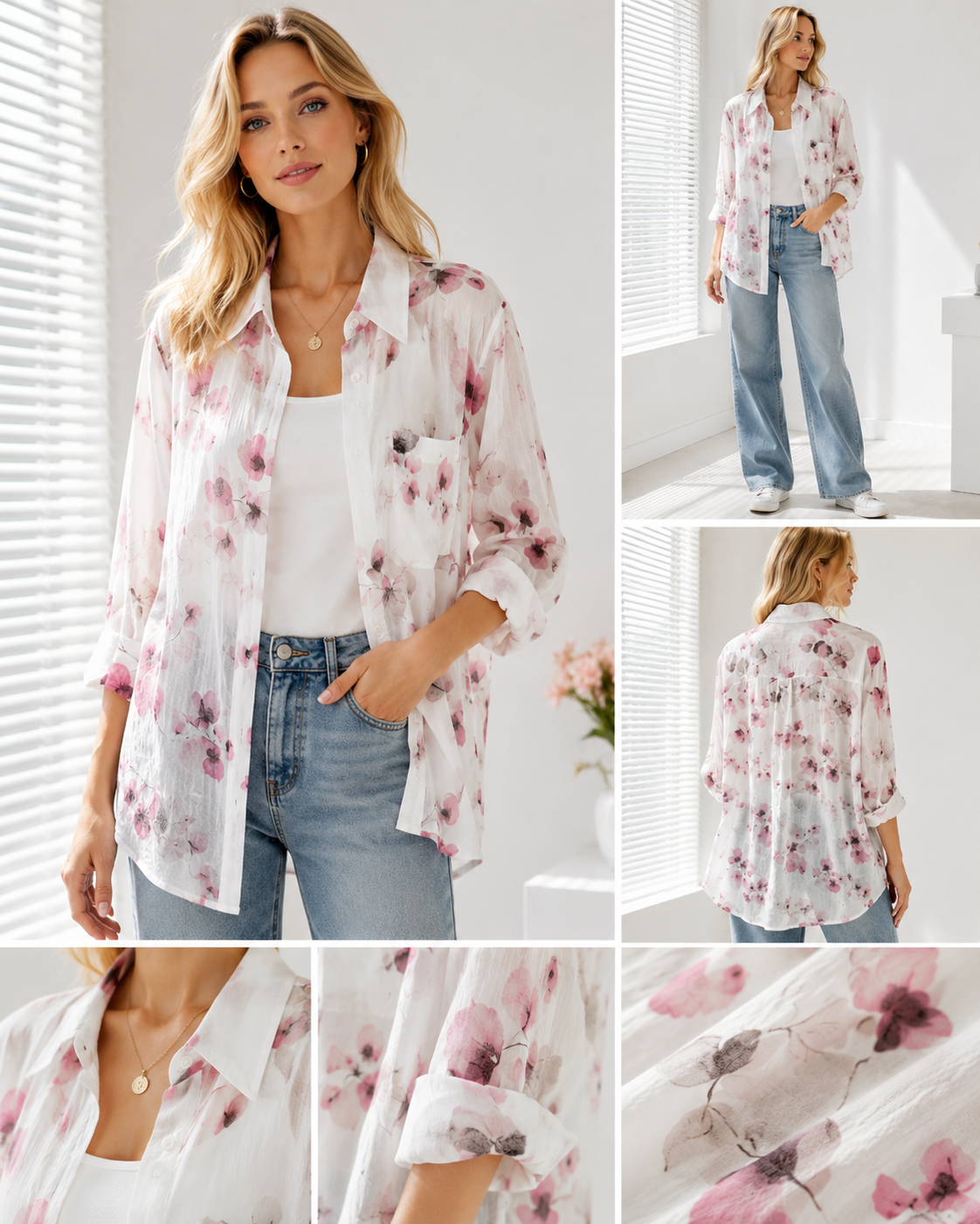 Women's White Floral Watercolor Sheer Button-Up Shirt | Loose Long Sleeve Chiffon Shirt