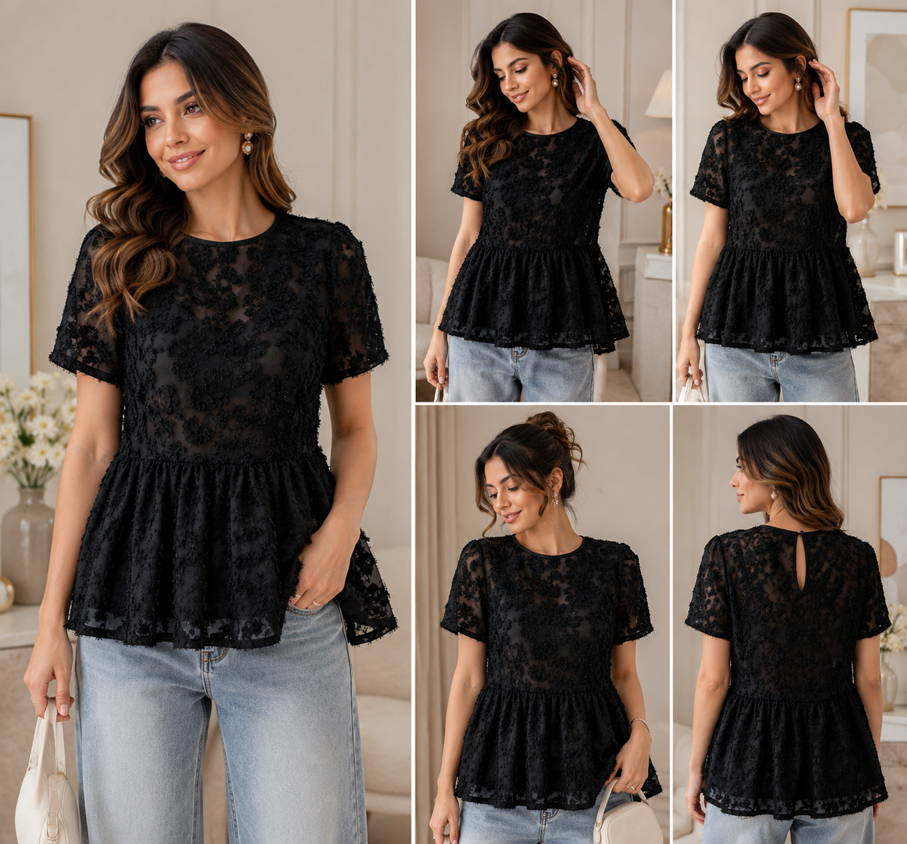 Women's Elegant Black 3D Floral Lace Peplum Top | Sheer Mesh Short Sleeve Blouse | Casual & Party Wear