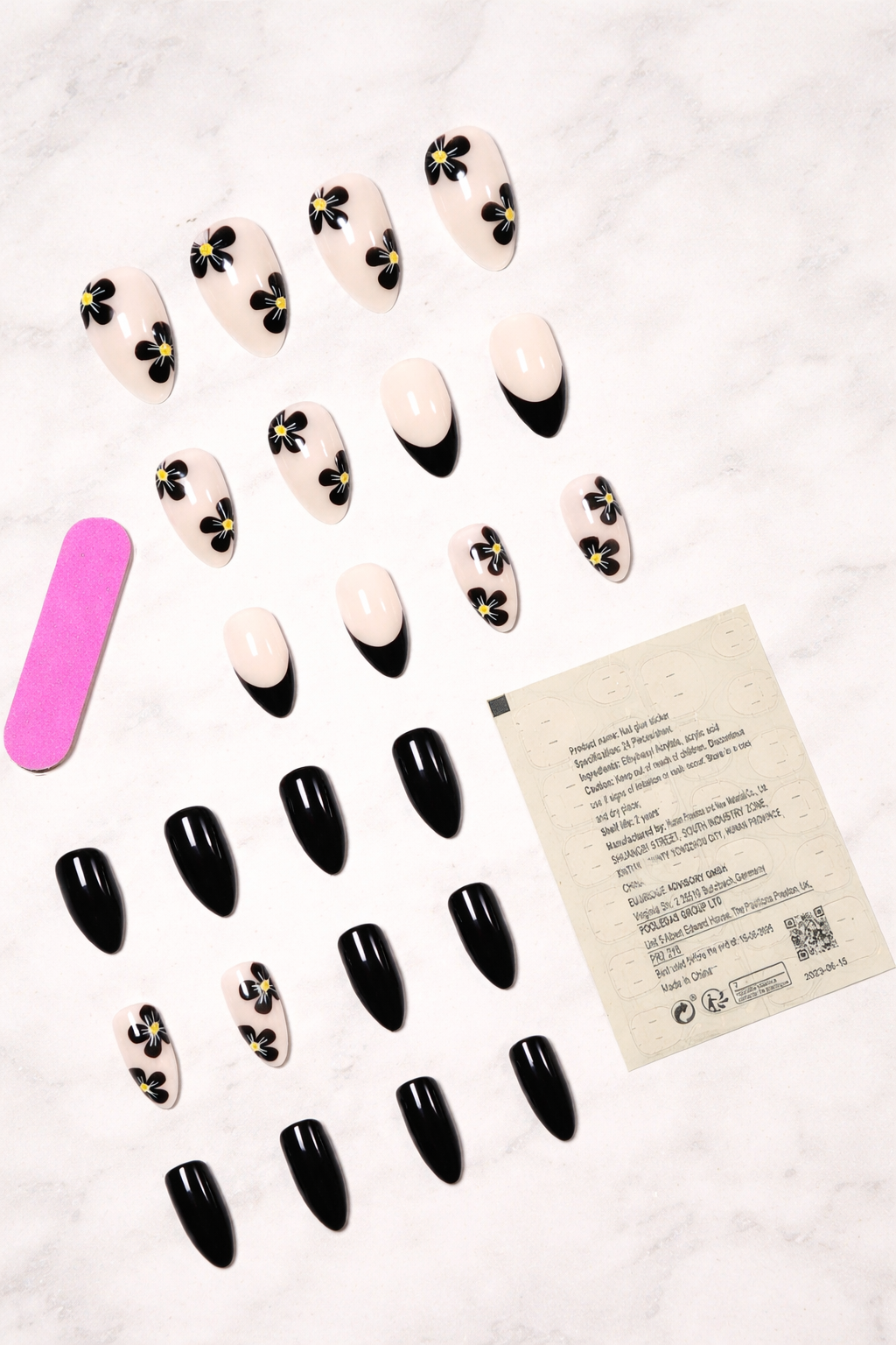 Black Floral French Tip Press-On Nails – Almond Shape Glossy Nude & Black Elegant Nail Set (Reusable) 24PCS