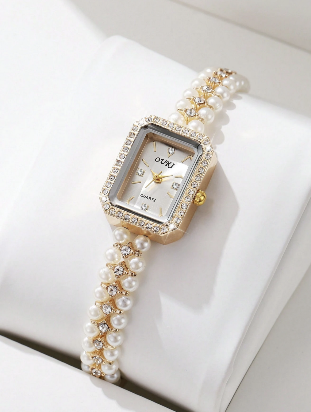 Women's Pearl & Rhinestone Bracelet Watch | Elegant Quartz Dress Watch for Women