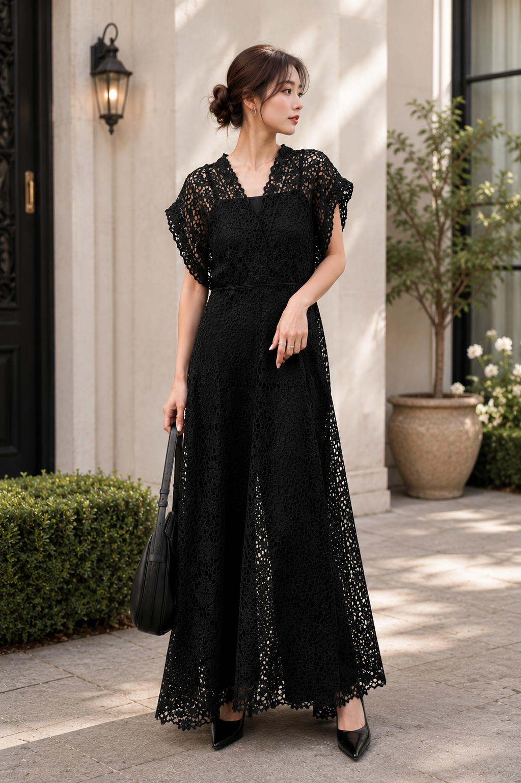 Women's Black Sheer Lace Maxi Dress – Elegant V-Neck Waisted Long Dress for Vacation, Beach, Party & Evening Wear