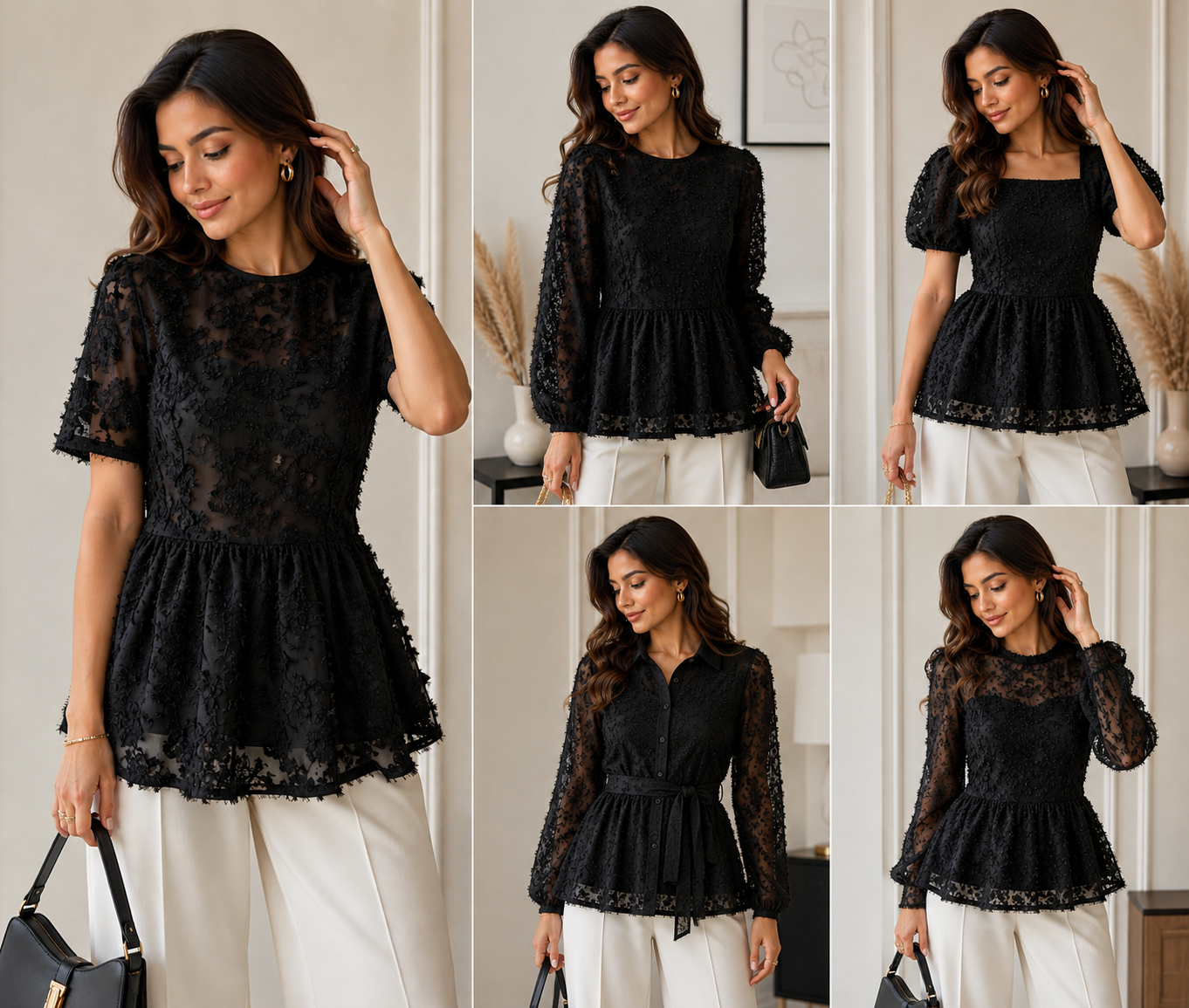 Women's Elegant Black 3D Floral Lace Peplum Top | Sheer Mesh Short Sleeve Blouse | Casual & Party Wear