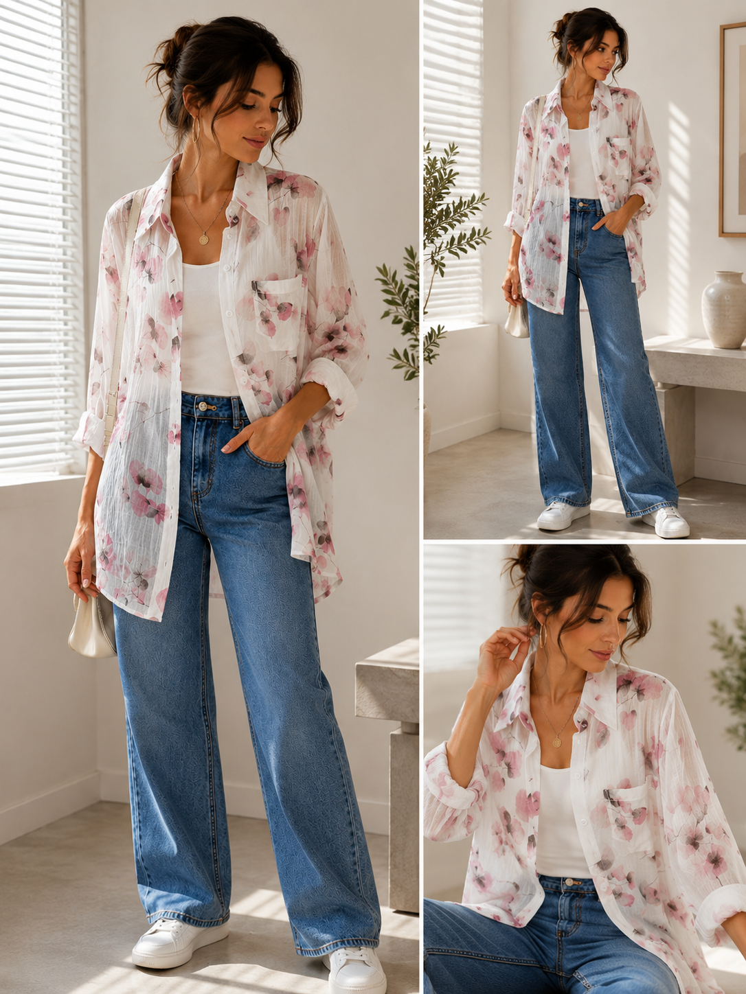 Women's White Floral Watercolor Sheer Button-Up Shirt | Loose Long Sleeve Chiffon Shirt