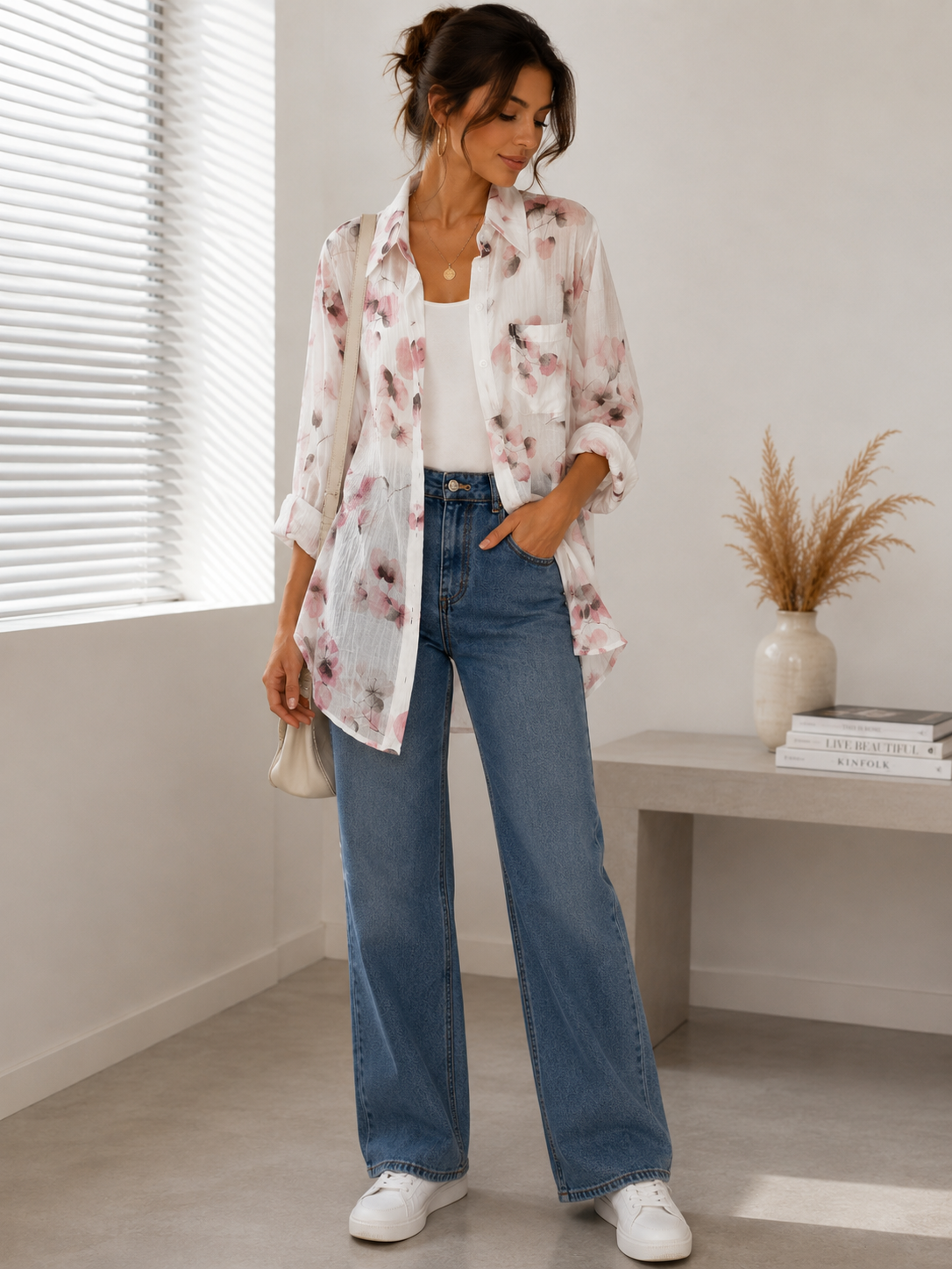 Women's White Floral Watercolor Sheer Button-Up Shirt | Loose Long Sleeve Chiffon Shirt