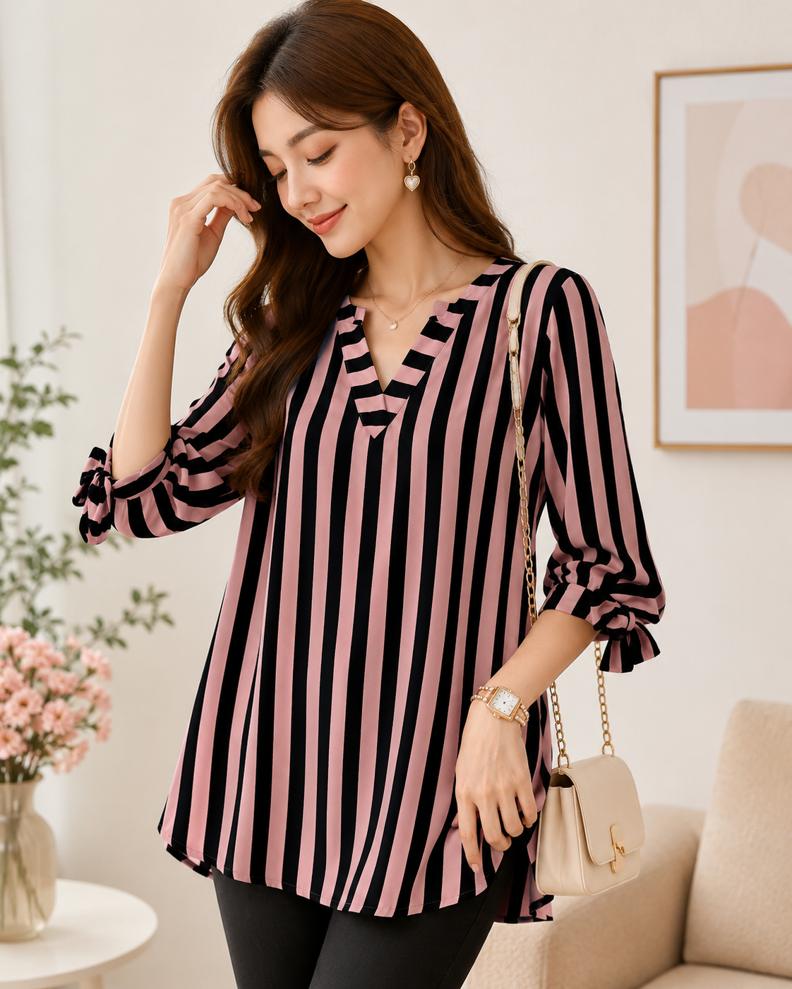 Women's Elegant Pink & Black Striped V-Neck Blouse with Bow Tie Sleeves | Casual & Office Wear Top