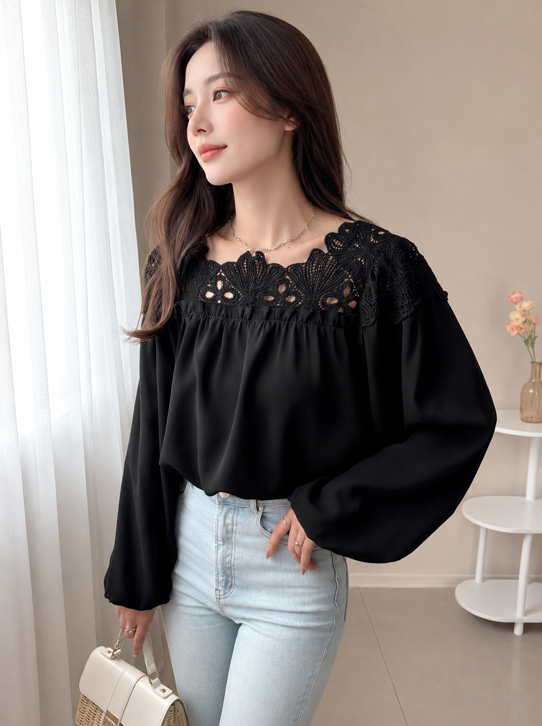 Women's Black Contrast Lace Loose Fit Blouse | Elegant Long Sleeve Casual Shirt with Ruched Cuffs