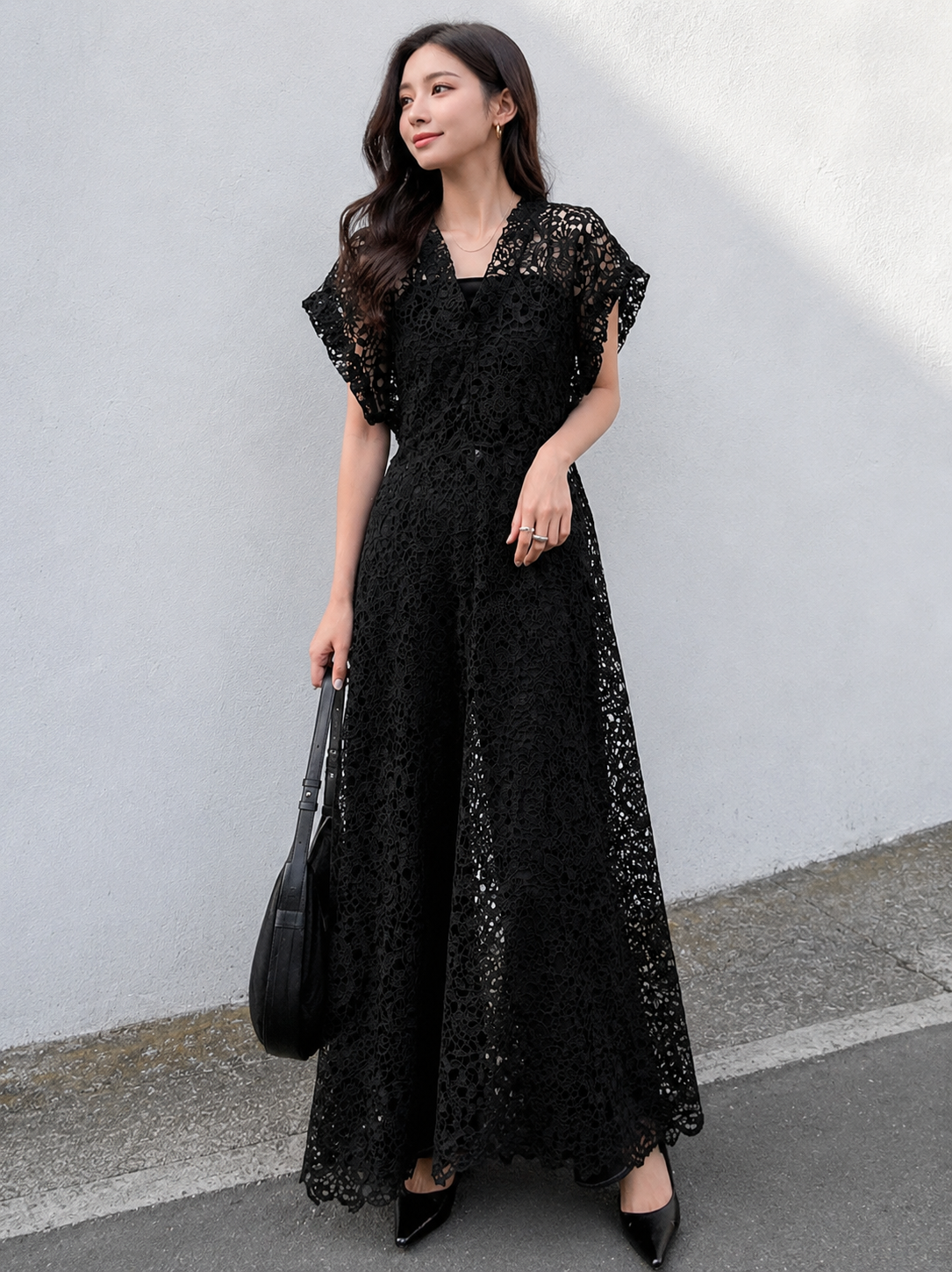 Women's Black Sheer Lace Maxi Dress – Elegant V-Neck Waisted Long Dress for Vacation, Beach, Party & Evening Wear