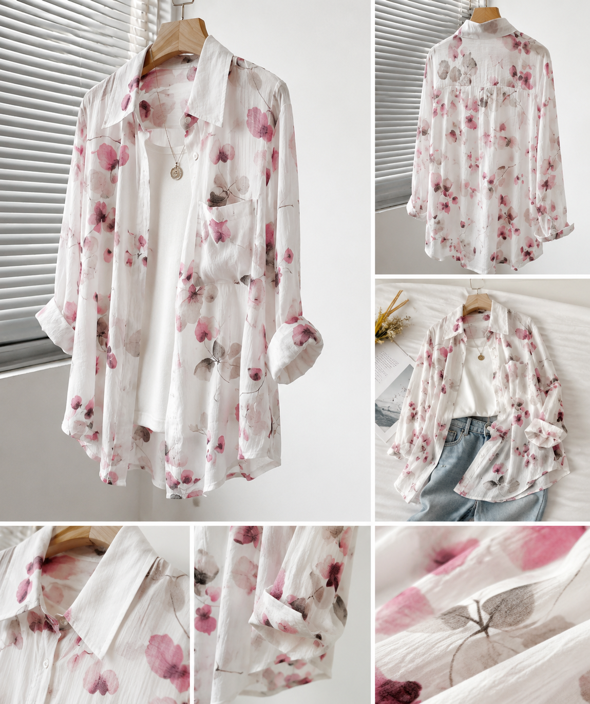 Women's White Floral Watercolor Sheer Button-Up Shirt | Loose Long Sleeve Chiffon Shirt