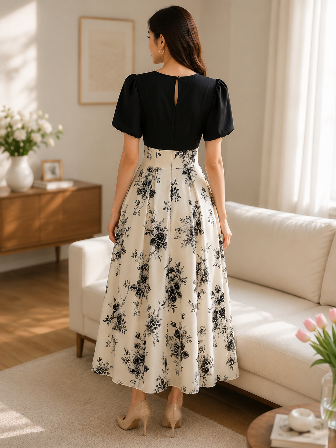 Elegant White Floral Puff Sleeve Midi Dress for Women – Round Neck Elastic Waist Korean French Style Summer Casual & Party Wear