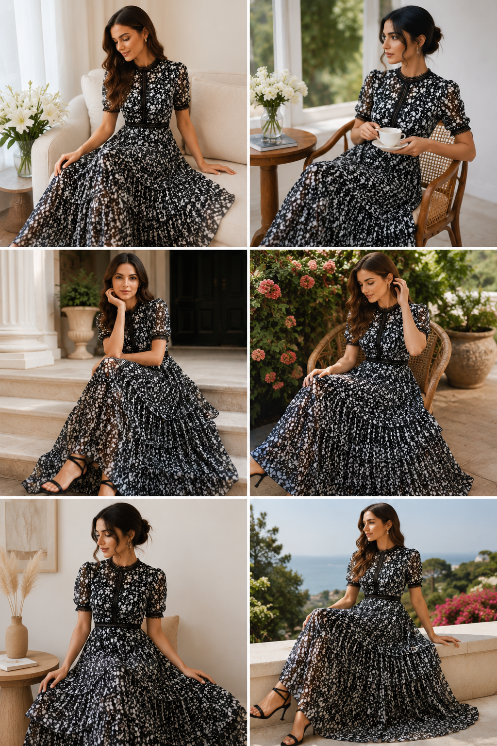 Women's Elegant Black Floral Tiered Maxi Dress | Sheer Short Sleeve Party & Evening Dress
