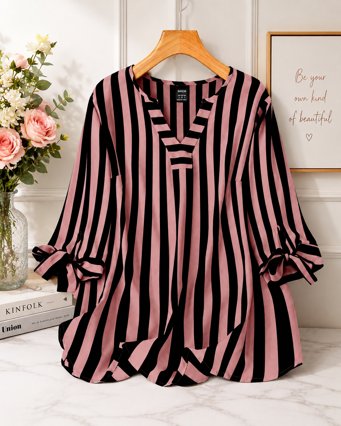 Women's Elegant Pink & Black Striped V-Neck Blouse with Bow Tie Sleeves | Casual & Office Wear Top