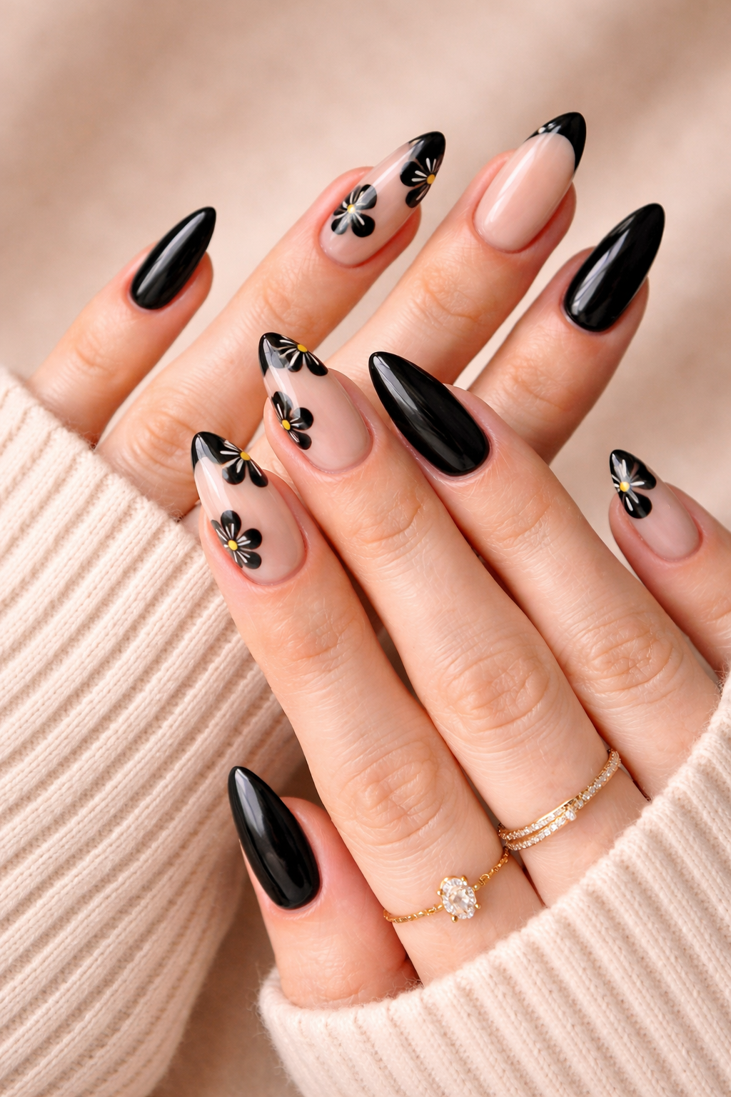 Black Floral French Tip Press-On Nails – Almond Shape Glossy Nude & Black Elegant Nail Set (Reusable) 24PCS
