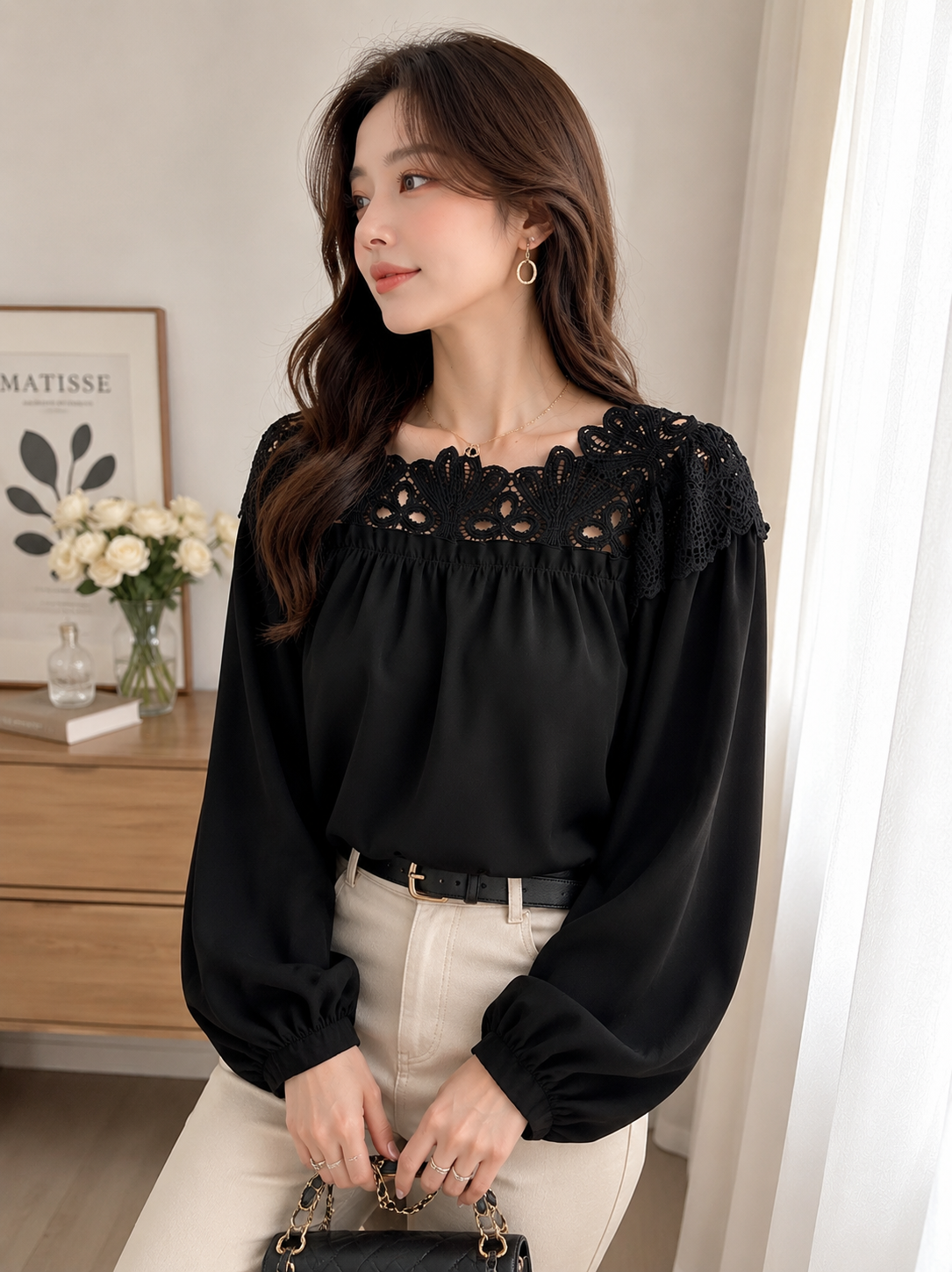 Women's Black Contrast Lace Loose Fit Blouse | Elegant Long Sleeve Casual Shirt with Ruched Cuffs