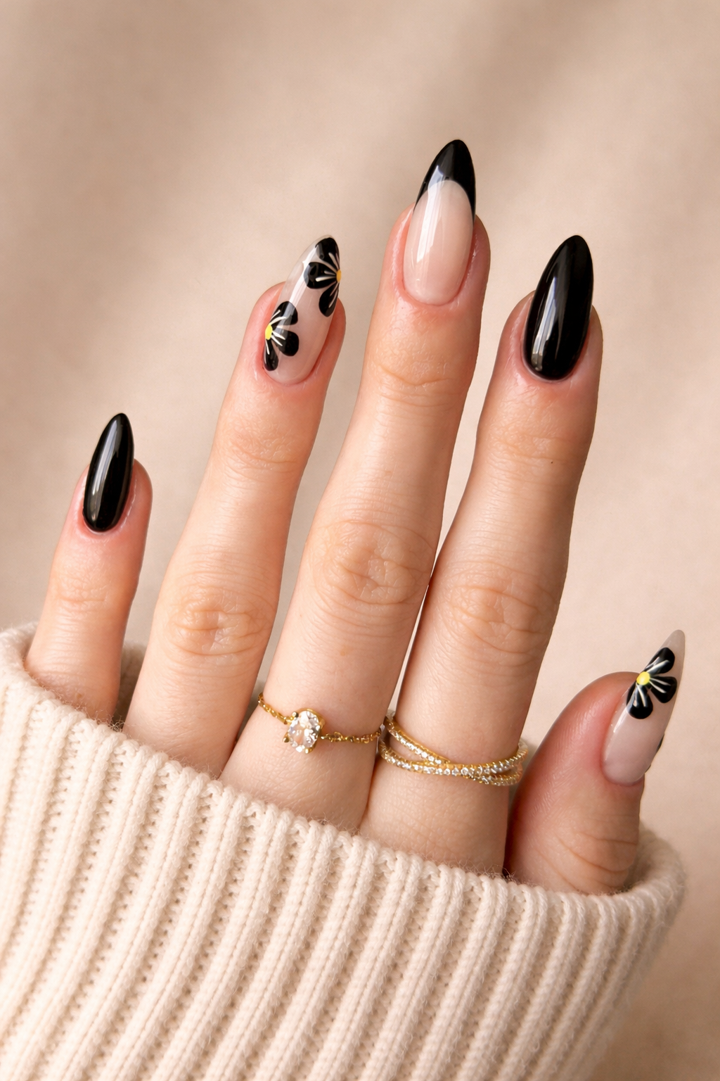 Black Floral French Tip Press-On Nails – Almond Shape Glossy Nude & Black Elegant Nail Set (Reusable) 24PCS