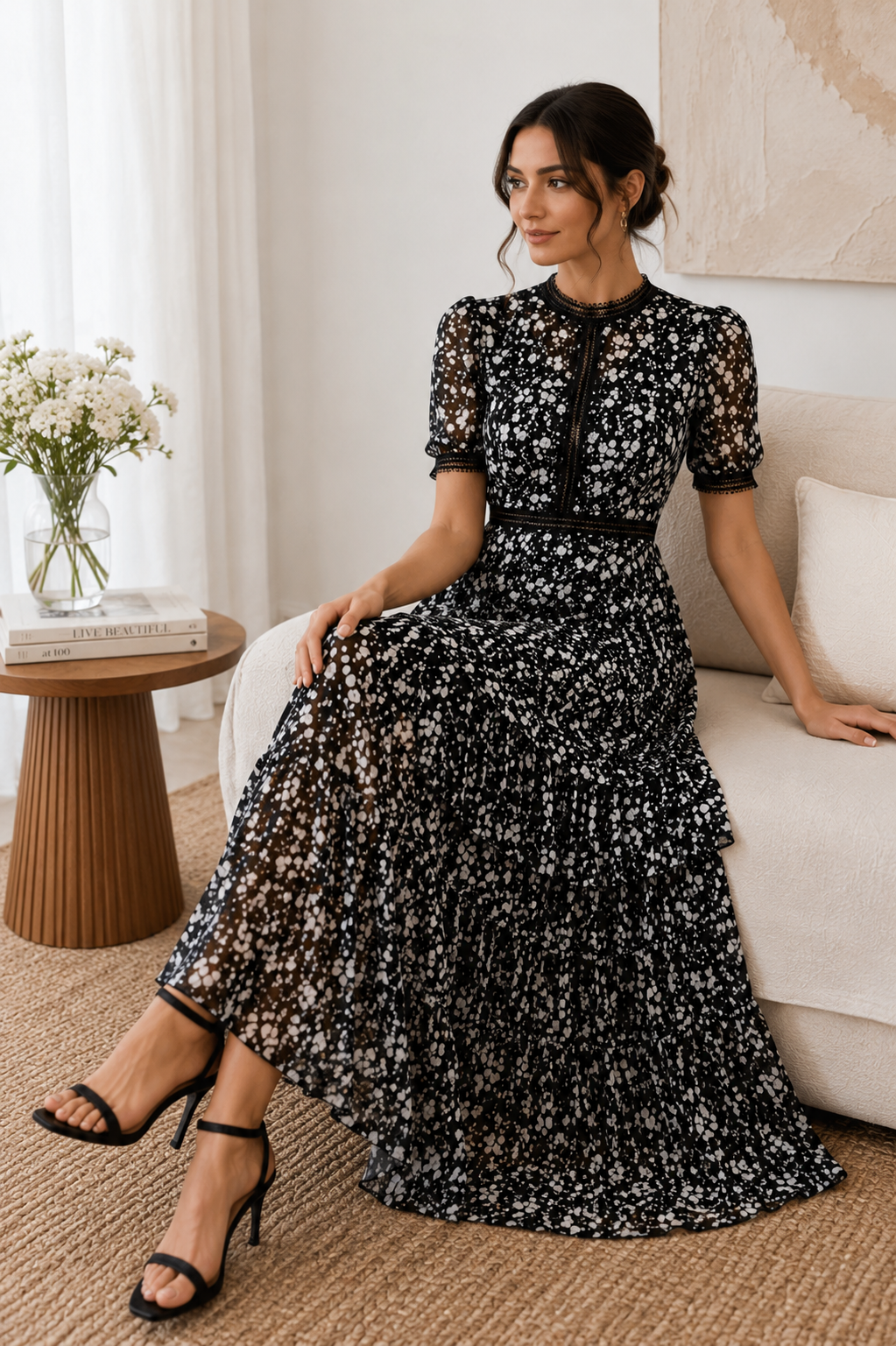 Women's Elegant Black Floral Tiered Maxi Dress | Sheer Short Sleeve Party & Evening Dress