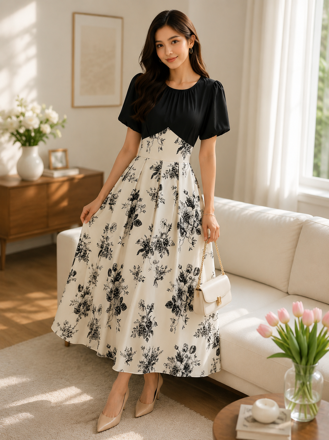 Elegant White Floral Puff Sleeve Midi Dress for Women – Round Neck Elastic Waist Korean French Style Summer Casual & Party Wear