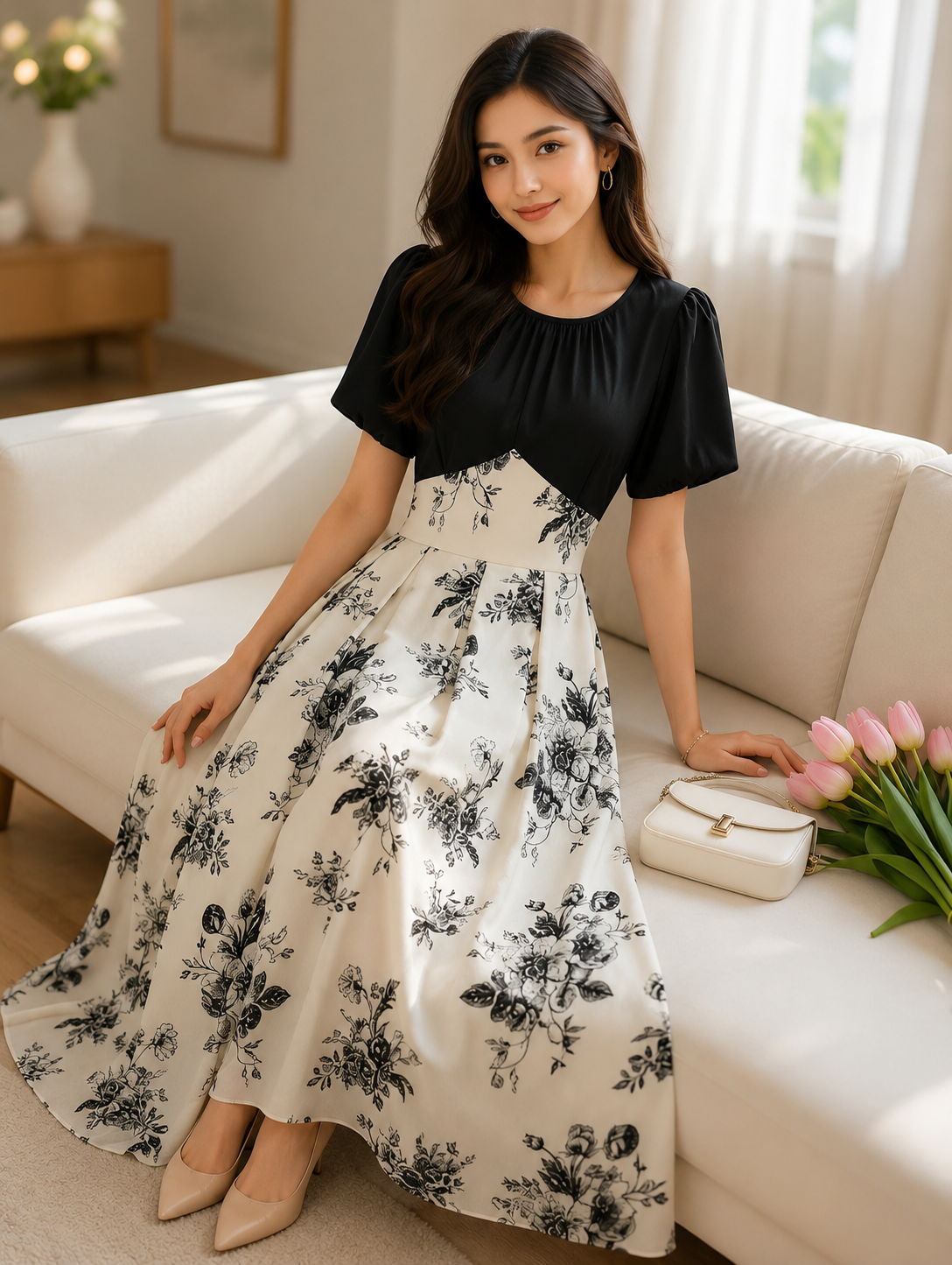 Elegant White Floral Puff Sleeve Midi Dress for Women – Round Neck Elastic Waist Korean French Style Summer Casual & Party Wear