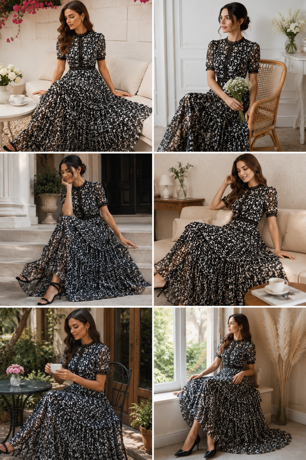 Women's Elegant Black Floral Tiered Maxi Dress | Sheer Short Sleeve Party & Evening Dress