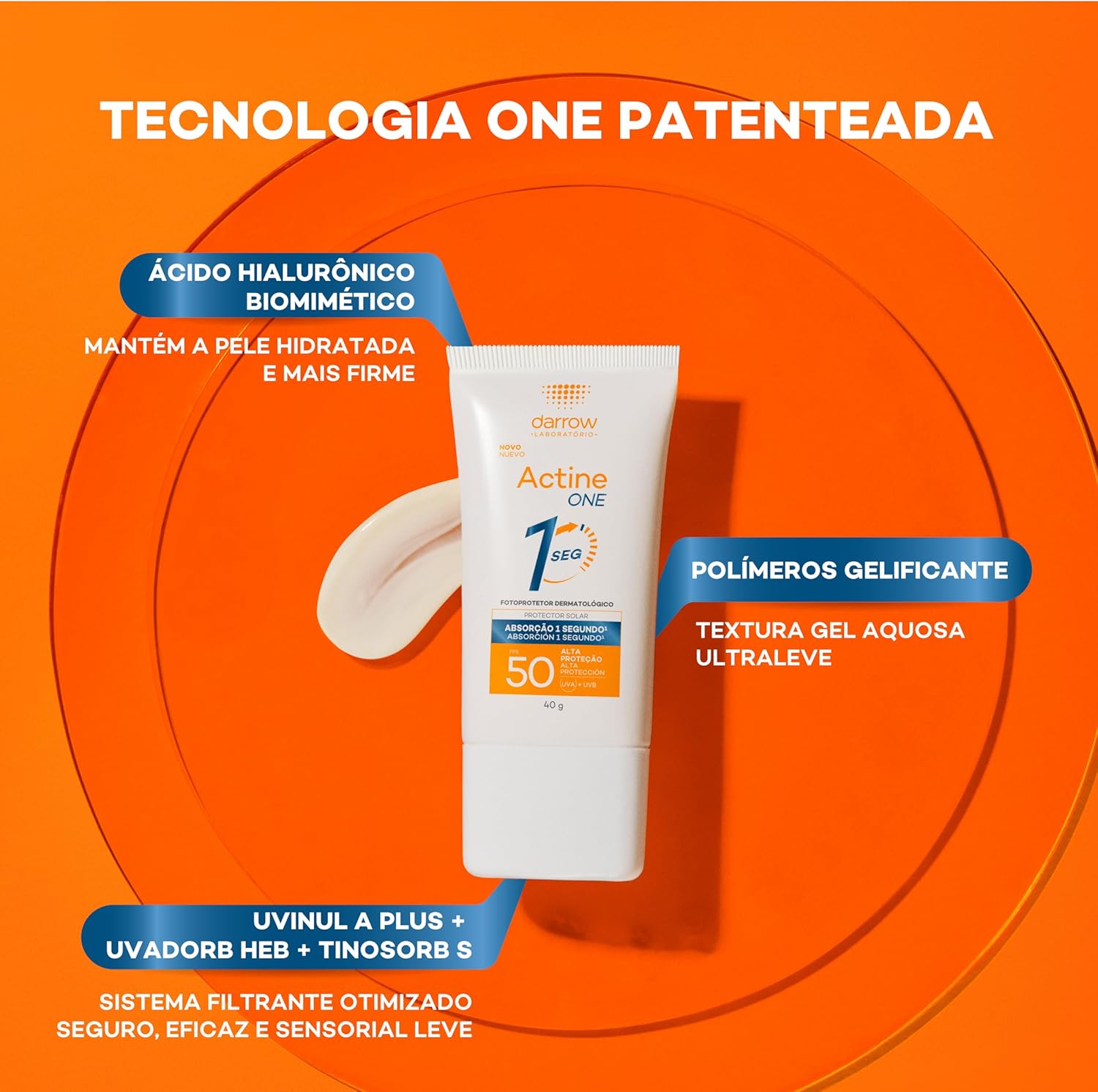 Darrow Actine One Protetor Solar Facial FPS50 Sem Cor com Tecnologia One e Ácido Hialurônico Biomimético que Hidrata, Tem Absorção em 1 Segundo e Acabamento Invisível, 40g