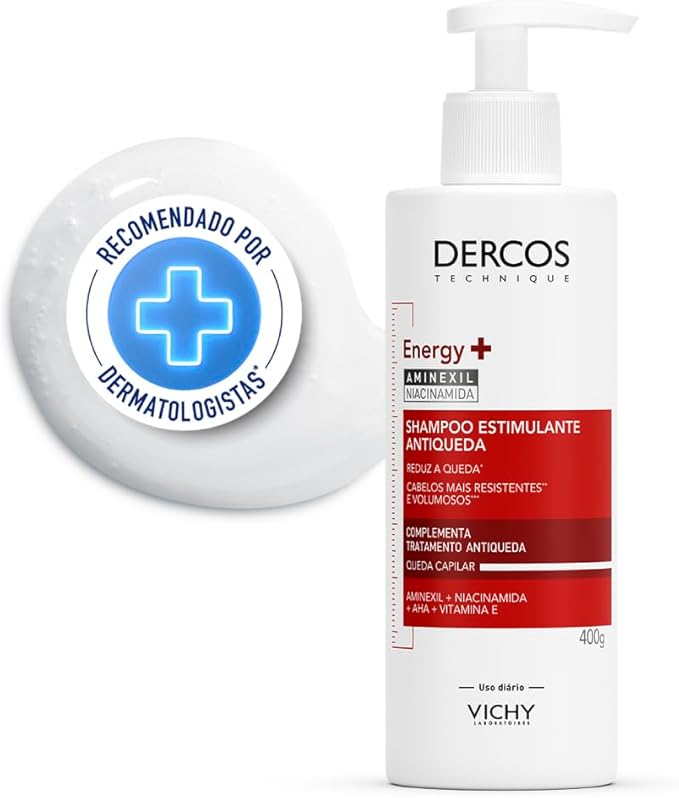 Vichy Dercos Energy+, Shampoo Estimulante, Tratamento Antiqueda para Cabelos Fracos e Quebradiços, Fortalece os Fios com Aminexil, Niacinamida e Vitamina E, 400g