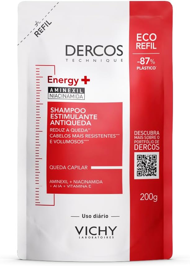 Vichy Dercos Energy+, Refil Shampoo Estimulante, Tratamento Antiqueda para Cabelos Fracos e Quebradiços, Fortalece os Fios com Aminexil, AHA, Niacinamida e Vitamina E, 200g