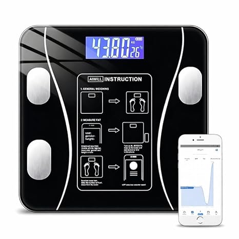 Balança Digital Bioimpedância Premium Bluetooth com App Saúde iOS Android para IMC Gordura Corporal Massa Muscular Massa Óssea Água Corporal Taxa Metabólica BMR Alta Precisão Vidro Temperado LED Luxo