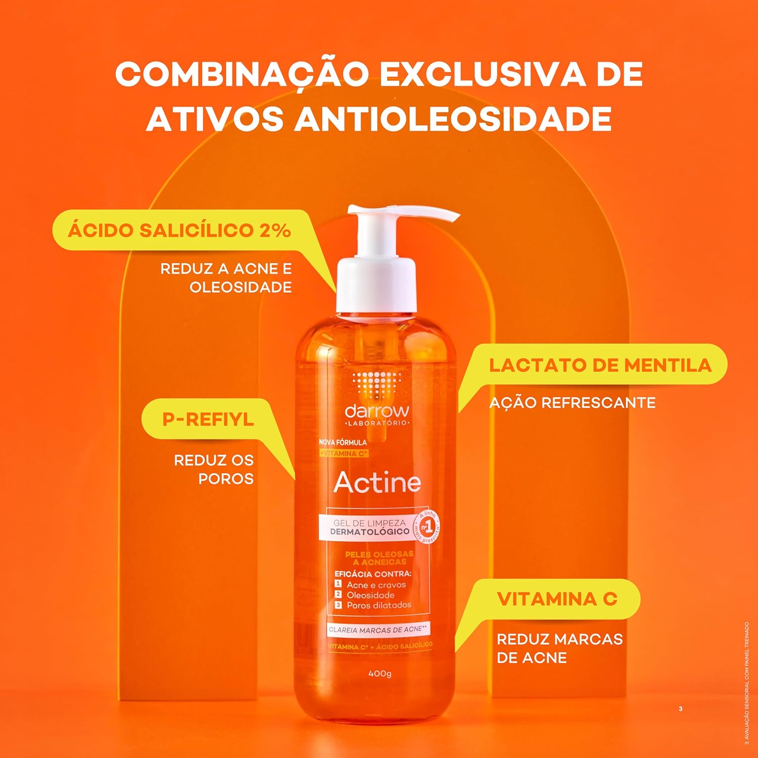 Darrow Actine Gel de Limpeza Dermatológico Facial com Ácido Salicílico, Vitamina C e Lactato de Mentila, Redução de 86% da Acne e -90% Oleosidade Imediatamente, 400g