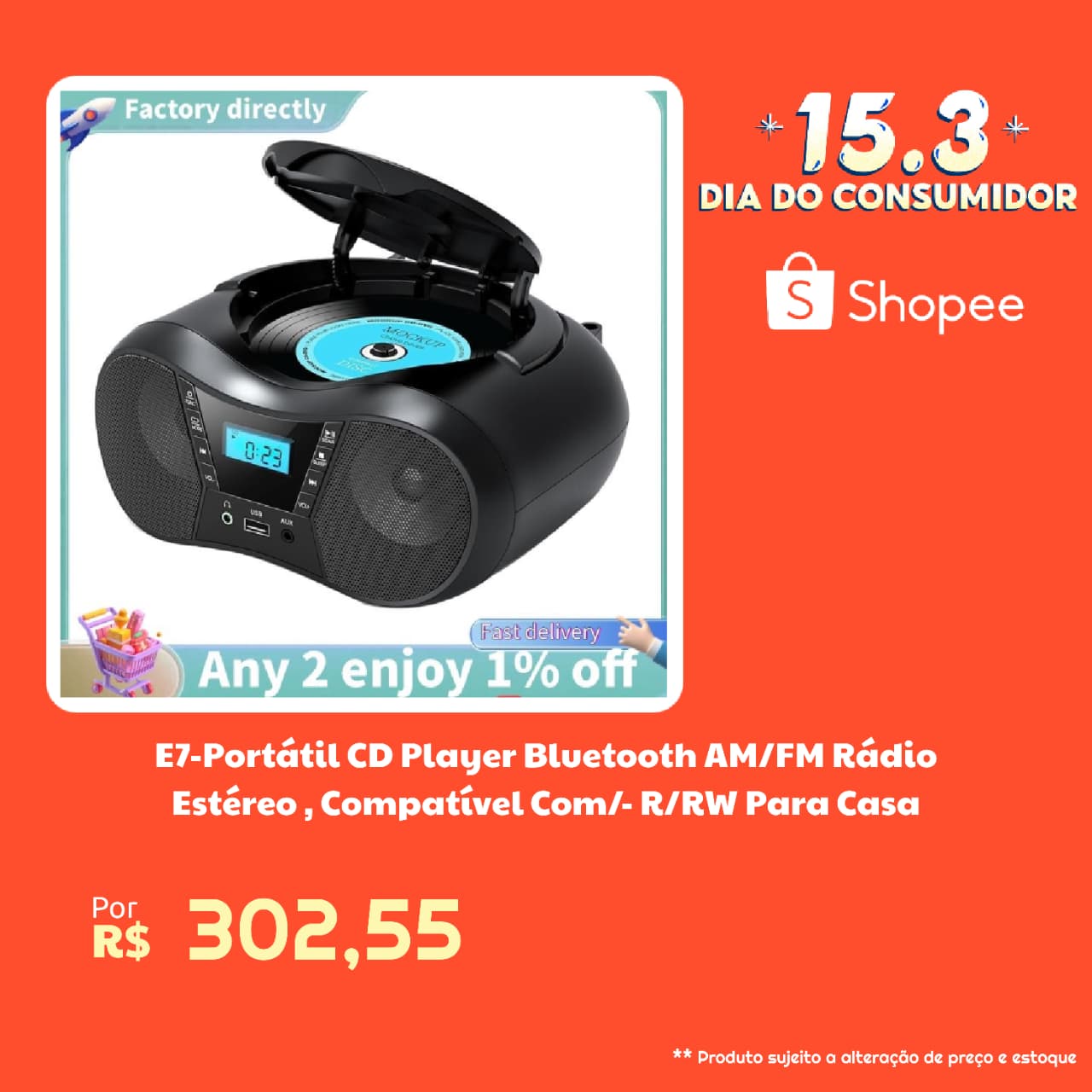 E7 CD Player Portátil Bluetooth