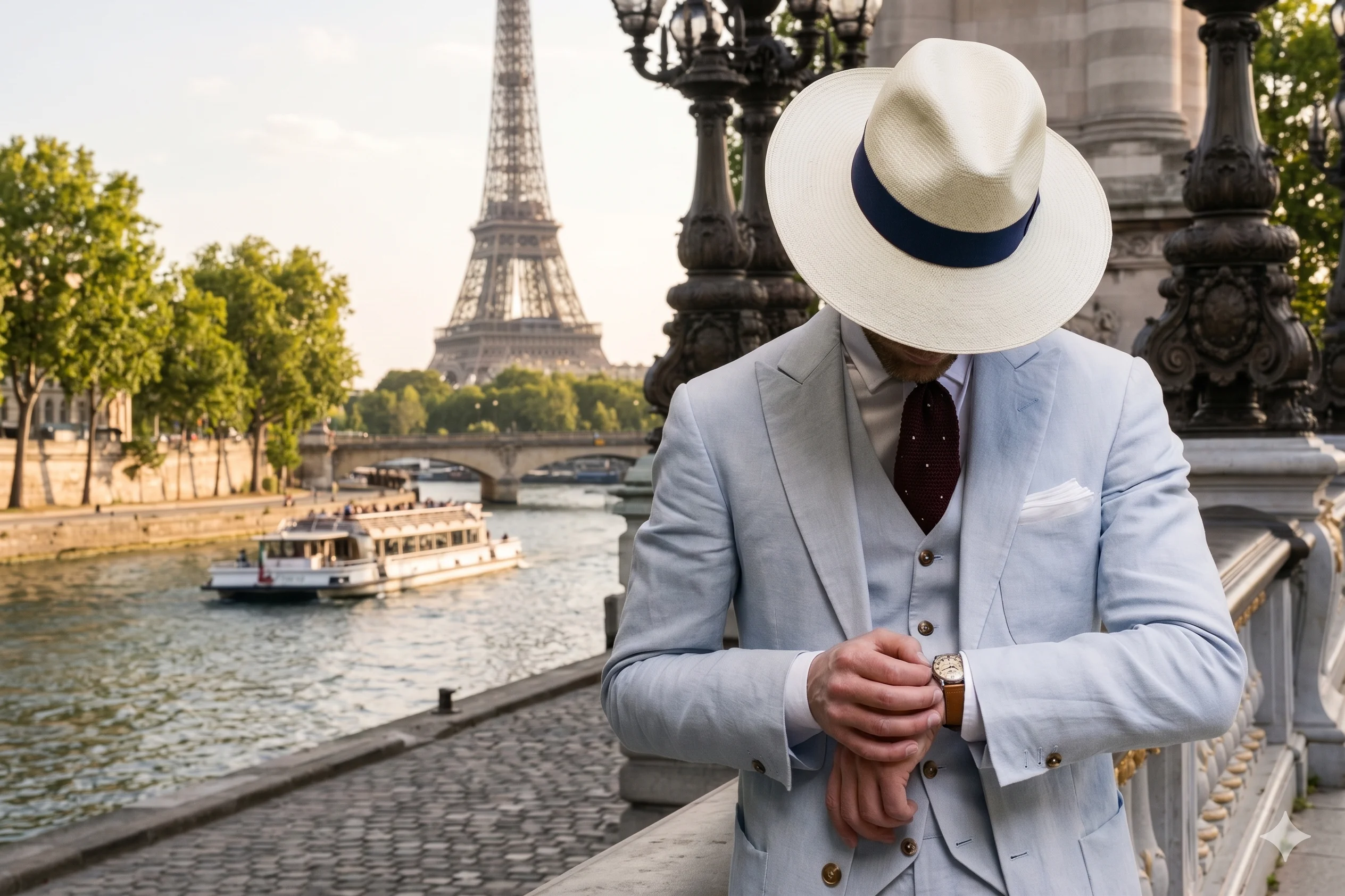 Chapeau Panama Blanc Cassé & Ruban Marine