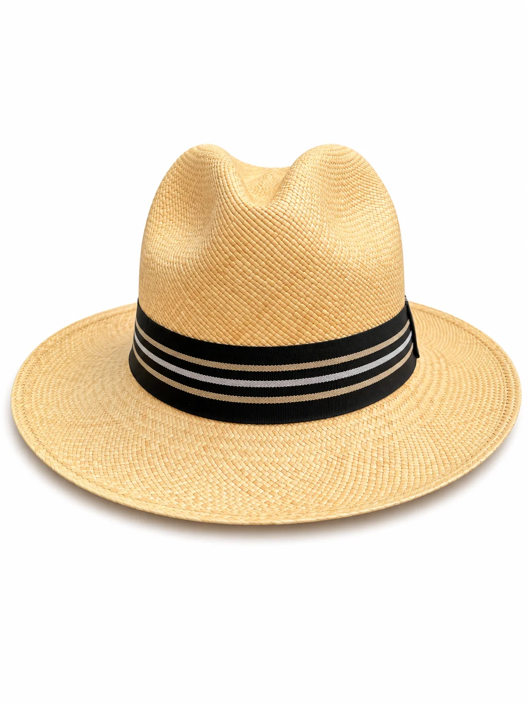 Chapeau Panama Fedora – Crème & Ruban Vintage Rayé (Pièce Unique)